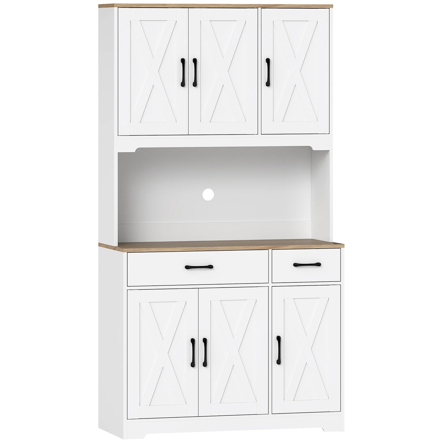 175 cm Tall Kitchen Pantry Cabinet with Microwave Stand, Farmhouse Kitchen Hutch, Freestanding Pantry Cupboard with 2 Drawers, 2 Adjustable Shelves and Cable Management, White