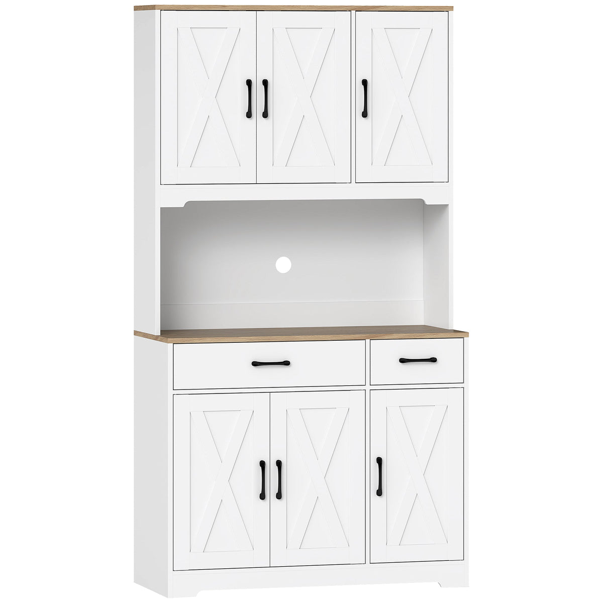 175 cm Tall Kitchen Pantry Cabinet with Microwave Stand, Farmhouse Kitchen Hutch, Freestanding Pantry Cupboard with 2 Drawers, 2 Adjustable Shelves and Cable Management, White