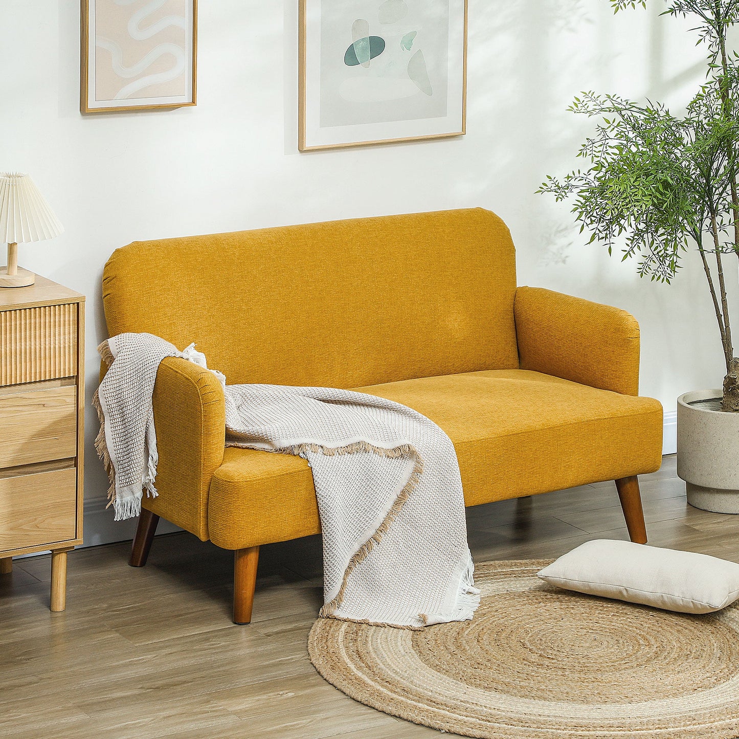 HOMCOM 2 Seater Sofa, Small Sofa Couch with 21cm Thick Padding and Wood Legs, Modern Velvet Feel Fabric Loveseat for Living Room, Bedroom, Home Office, Yellow