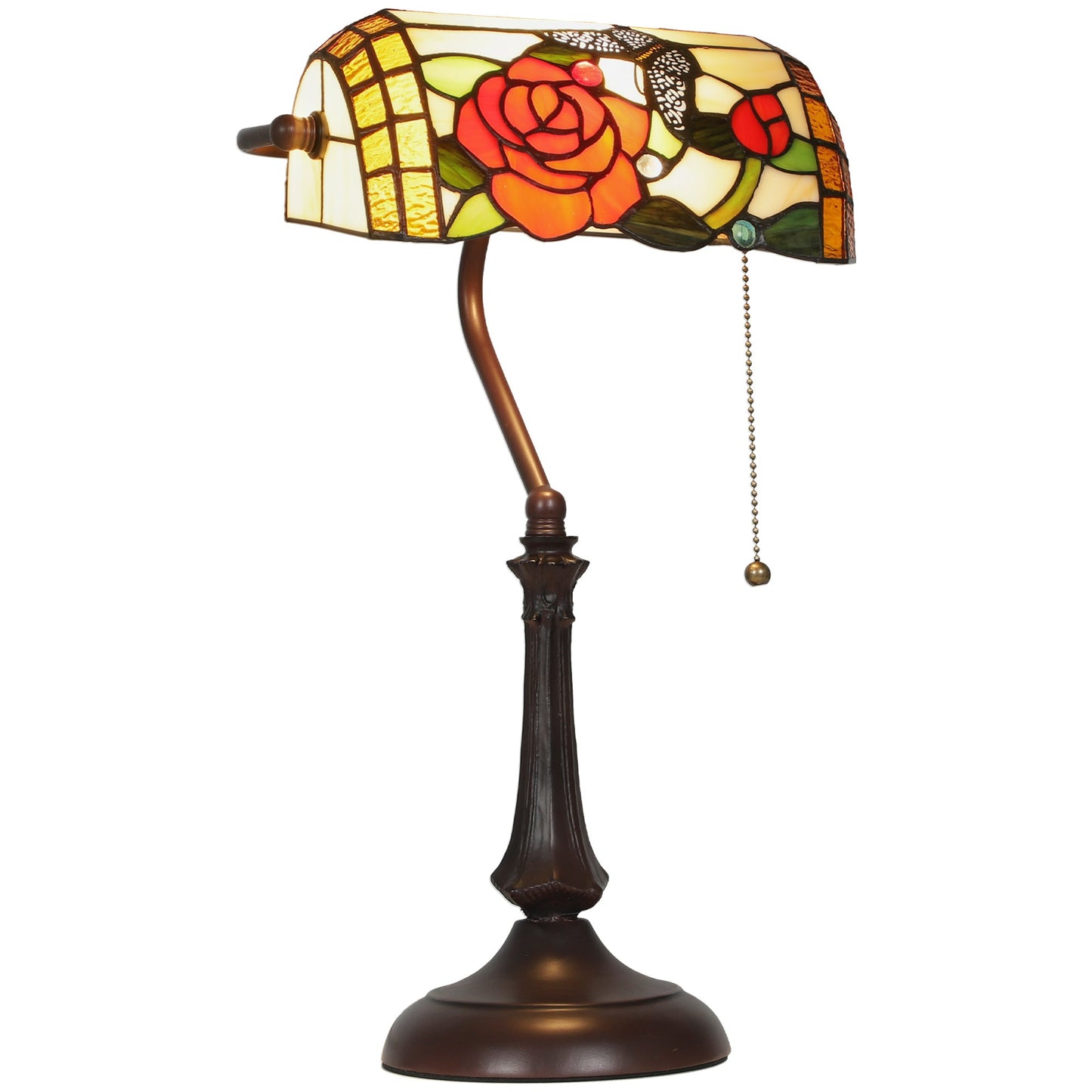 Tiffany-Style Glass Table Lamp with Rose and Butterfly Design, Handcrafted Antique Bedside Lamp with Dual Switch Control for Living Room and Bedroom, E27 Socket, No Assembly Required, Red