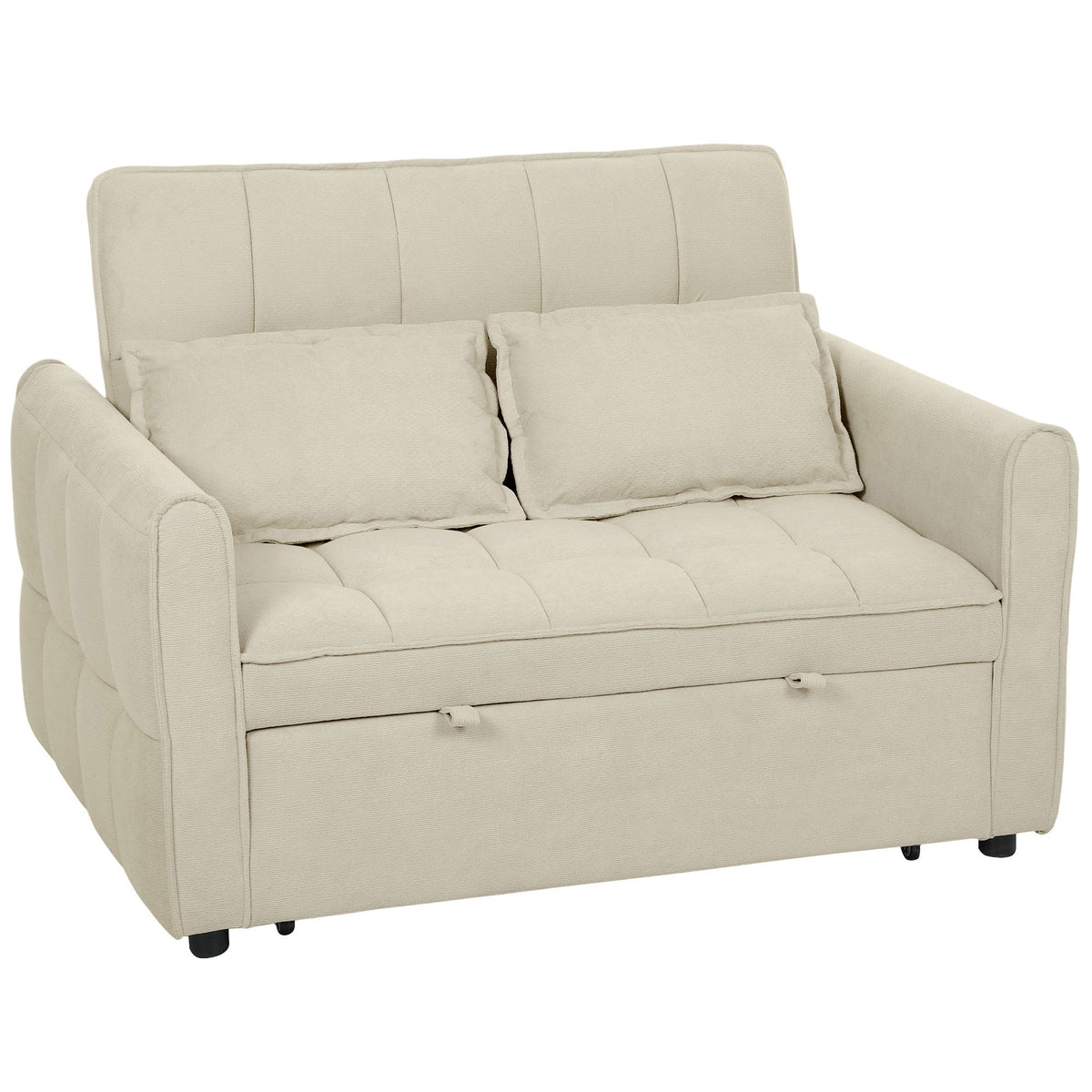 2 Seater Sofa Bed, 3-in-1 Convertible Sleeper Sofa with Click-clack Adjustable Backrest and 2 Pillows, Pull Out Corn Velvet-feel Fabric Bed Settee for Living Room, Guest Room, Light Brown