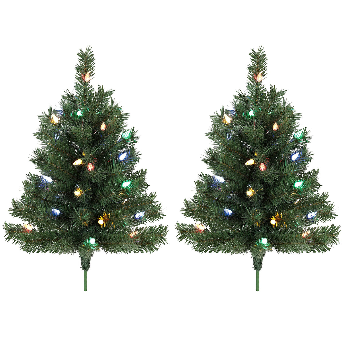 60 cm Pre-Lit Christmas Tree, 2-Pack Artificial Christmas Stake Trees with 60 Colourful LED Lights, 130 Tips, Ground Stakes, Green