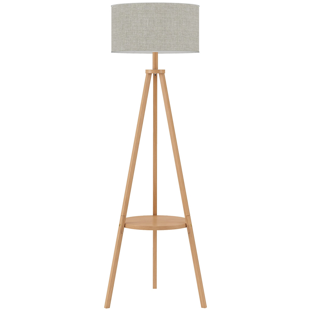 Tripod Floor Lamp, Freestanding Bedside Reading Light with Storage Shelf and Linen-Look Shade for Living Room and Bedroom, 160 cm, Natural Wood Colour