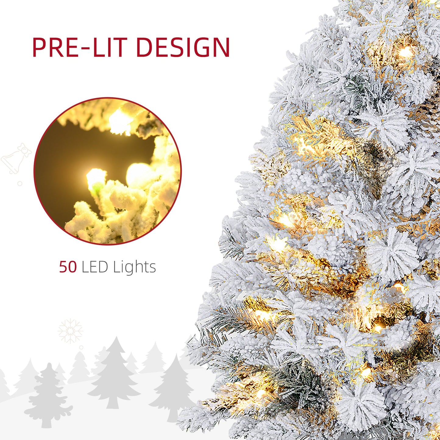 HOMCOM 3ft Prelit Artificial Christmas Tree with Warm White LED Light and 133 Tips, Concrete Base, Flocked Xmas Tree with Pine Cones, Green