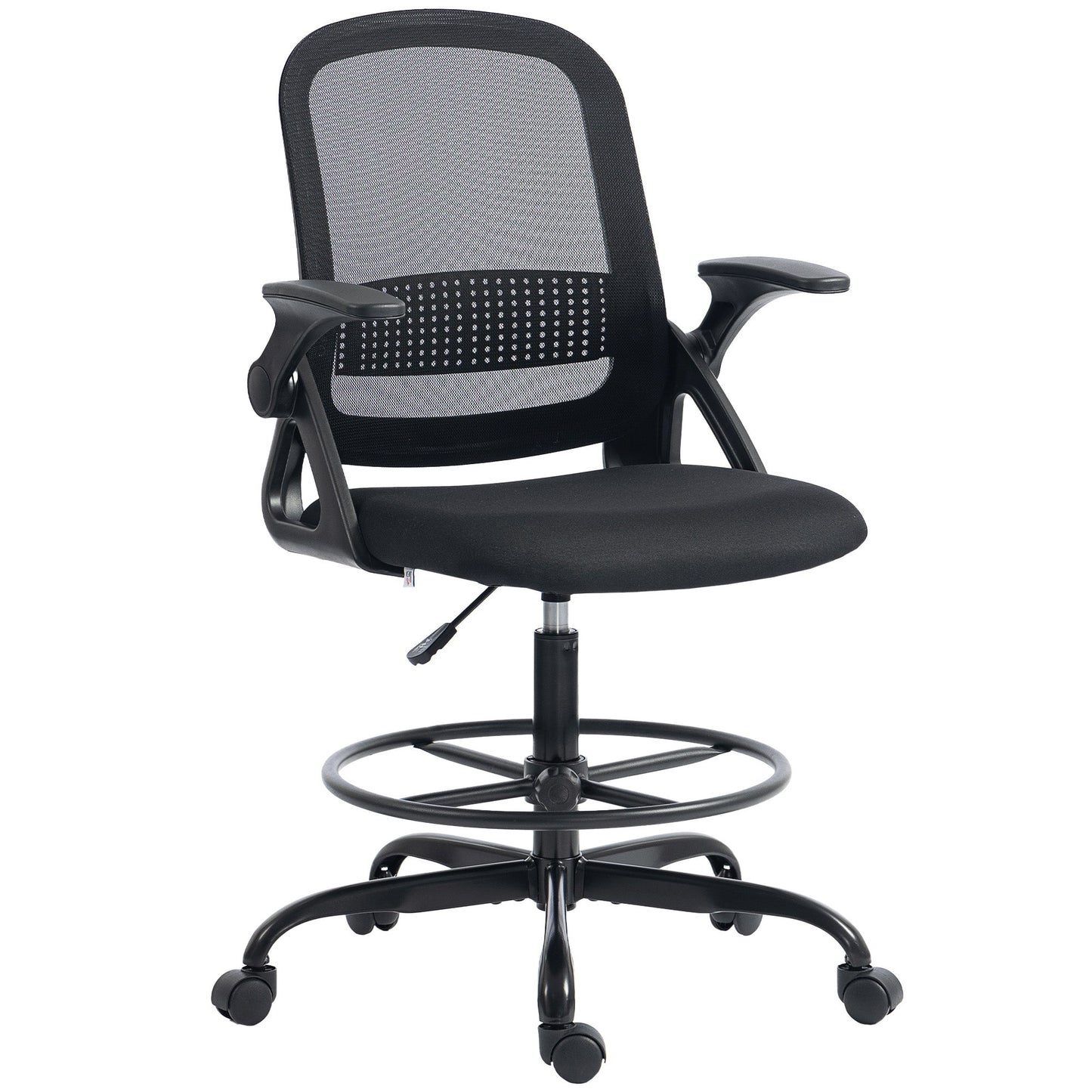 Drafting Chair, Mesh Standing Desk Chair with Flip-up Armrests, Adjustable Height and Footrest, Lumbar Support, Rolling Wheels for Home Office, Black