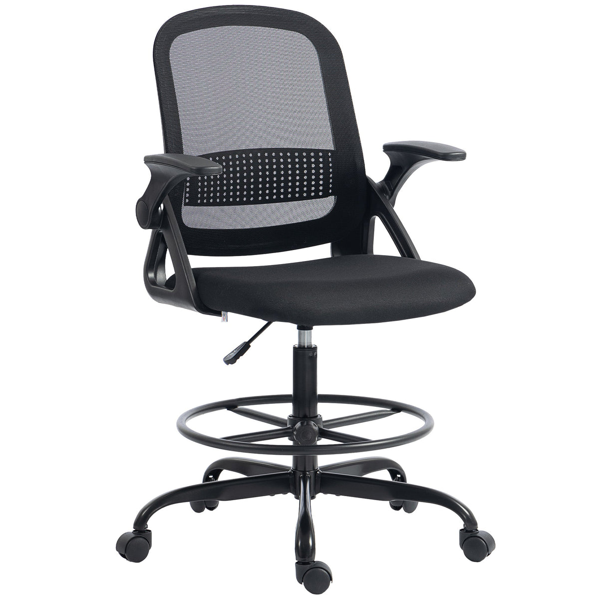 Drafting Chair, Mesh Standing Desk Chair with Flip-up Armrests, Adjustable Height and Footrest, Lumbar Support, Rolling Wheels for Home Office, Black