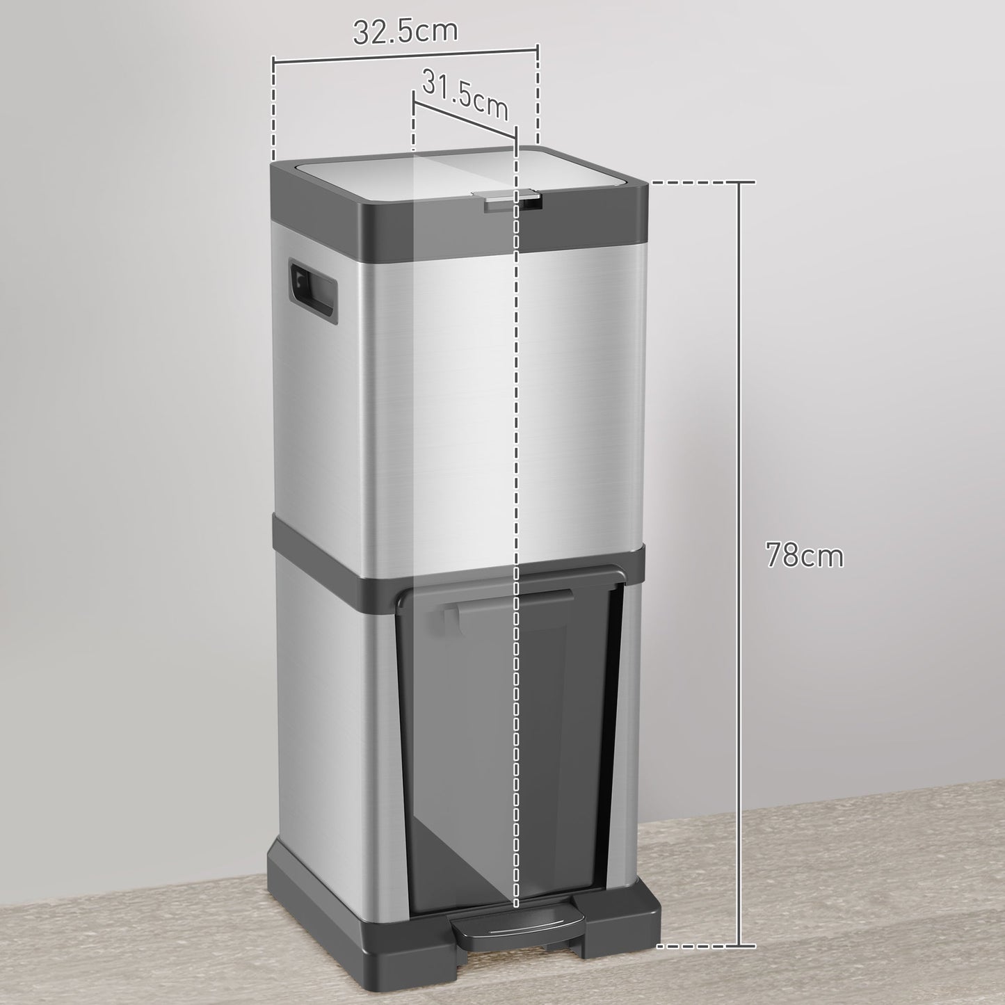 HOMCOM Dual Kitchen Bin, 20+14L Double Bin for Recycling and Waste, Stainless Steel Vertical Pedal Bin with Tilt Out Bin, Soft-Close Lid, Removable Inner Buckets and Handles, Silver
