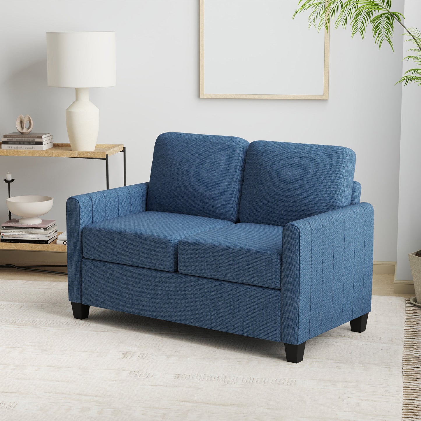 HOMCOM 2 Seater Sofa, Channel Tufted Modern Fabric Couch, Comfy Upholstered Small Sofa Loveseat with Spring Cushion, Back Pillow, for Living Room, Bedroom, Office, Blue