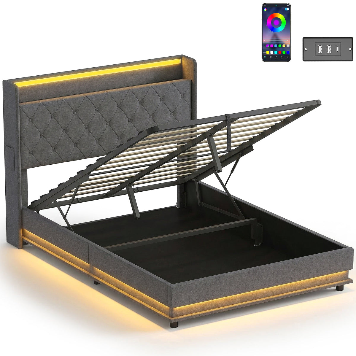 4ft6 Double Ottoman Bed Frame with Hydraulic Storage, APP Control LED Lights and Charging Station, Upholstered Lift Up Storage Bed Frame with Headboard, No Box Spring Needed, Dark Grey