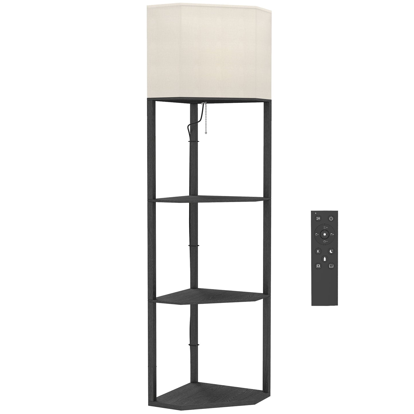 Corner Floor Lamp with Shelves and Lights, Modern Dimmable Standing Lamp with 3000K/4000K/6000K Colour Temperature, Chain Switch & Remote Control for Living Room, Bedroom, Black