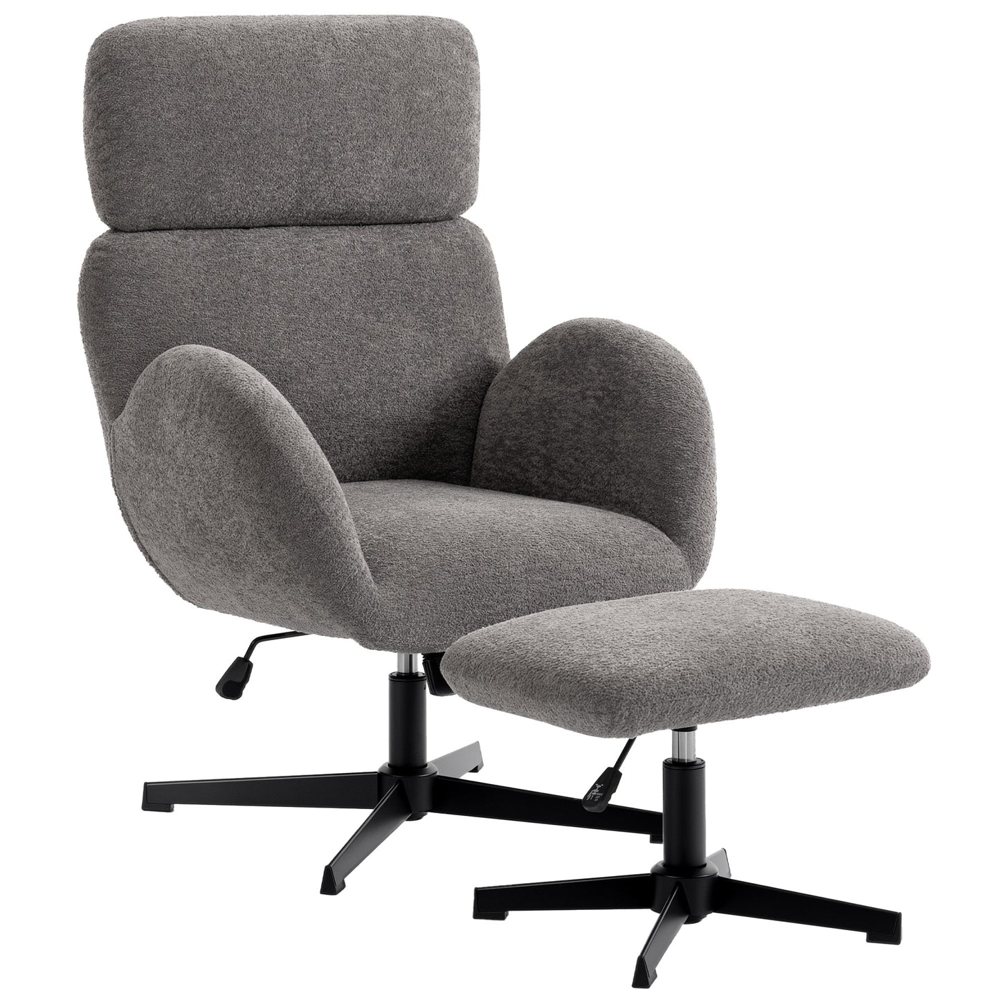 Swivel Armchair and Footstool Set, Raindrop Velvet Height Adjustable Accent Chair with Adjustable Headrest, Rocking Function, Wide Back, Modern Lounge Chair for Living Room, Grey
