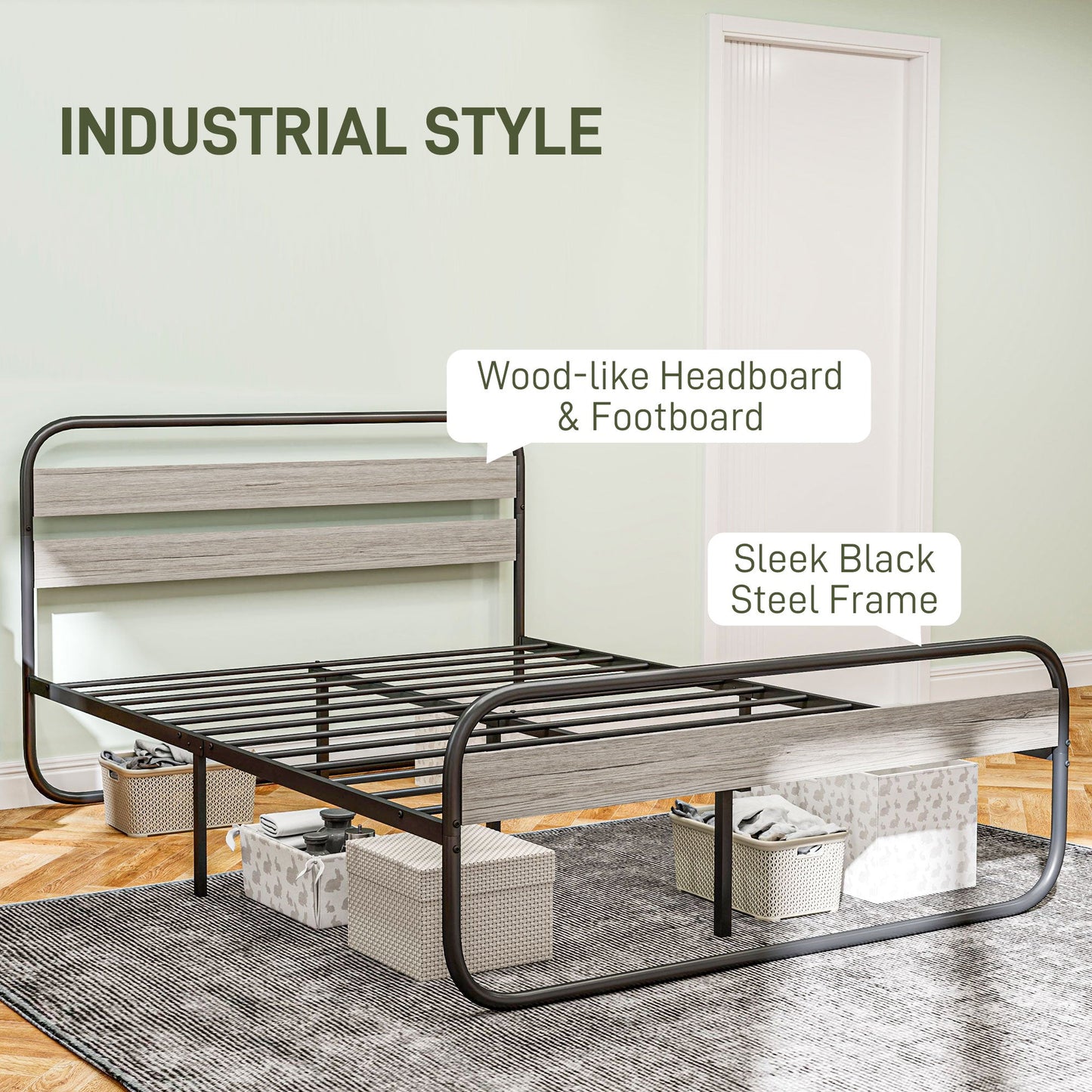 HOMCOM 5ft King Size Bed Frame, Industrial Style Metal Platform Bed Frame with Under Bed Storage, No Box Spring Needed, Easy Assembly, Grey