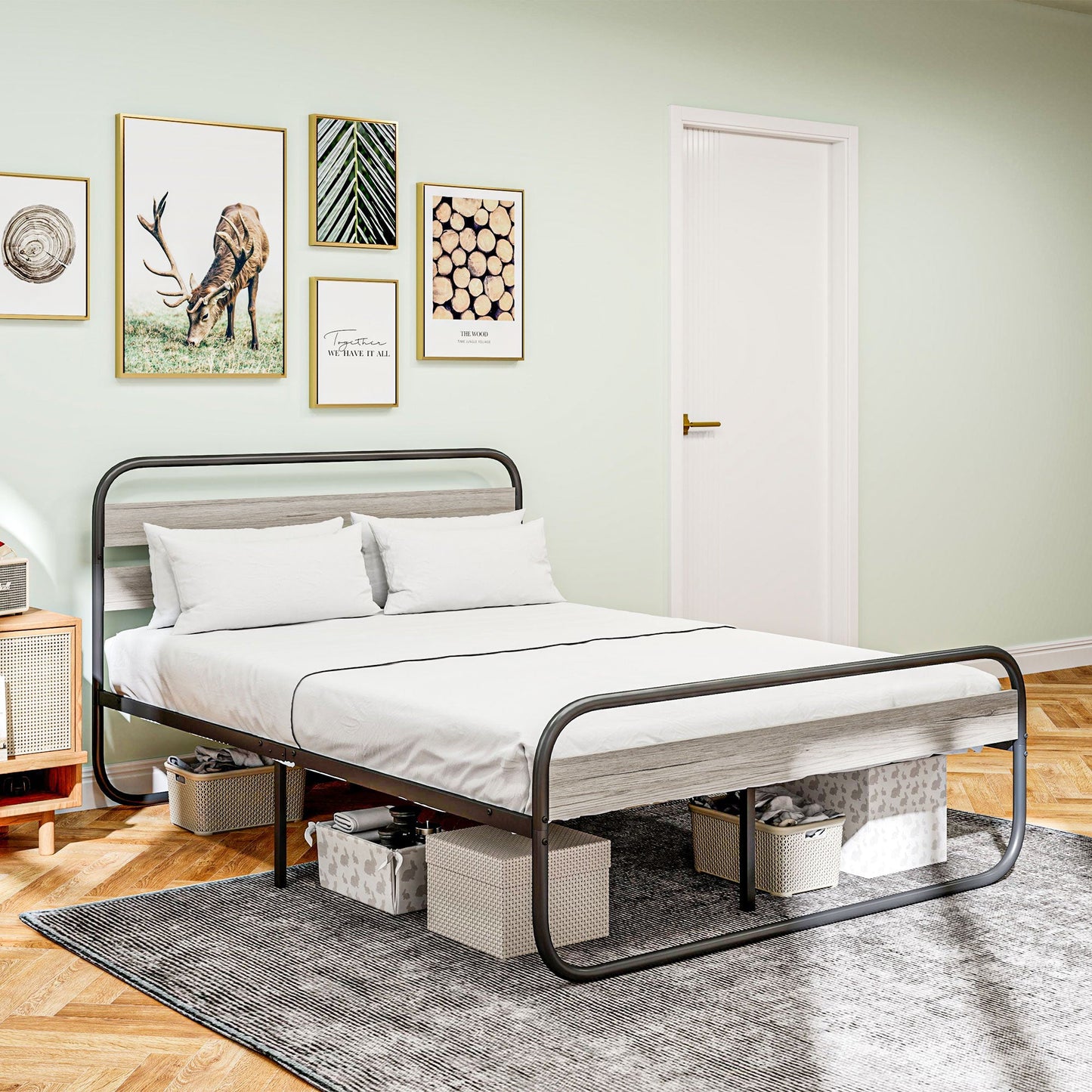 HOMCOM 5ft King Size Bed Frame, Industrial Style Metal Platform Bed Frame with Under Bed Storage, No Box Spring Needed, Easy Assembly, Grey