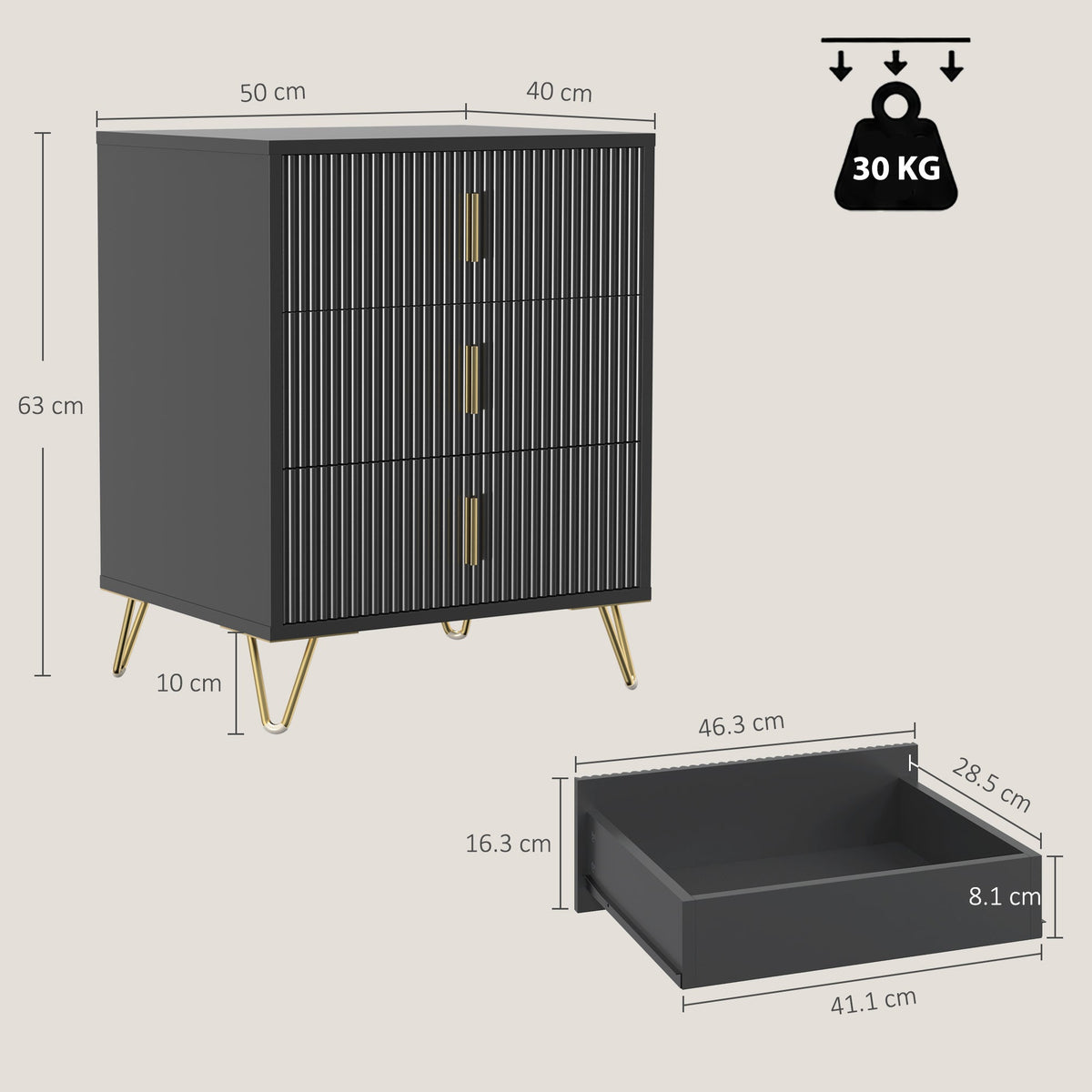 Modern 3 Drawer Dresser, Fluted Bedroom Dresser Chest of Drawers with Metal Legs and Steel Handles for Bedroom, Black