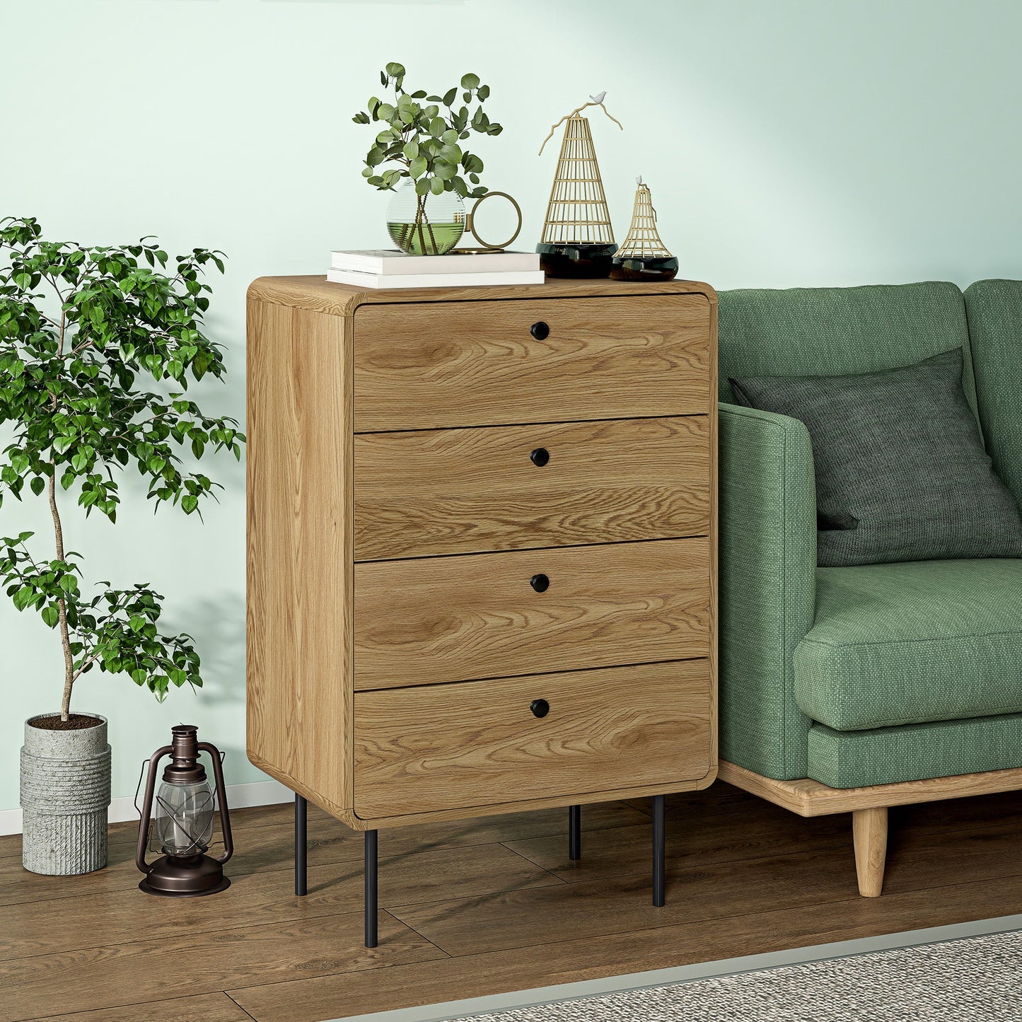 Modern Chest of Drawers with 4 Drawers, Dresser with Wood Handles and Steel Legs for Bedroom, Living Room, Entryway, Oak