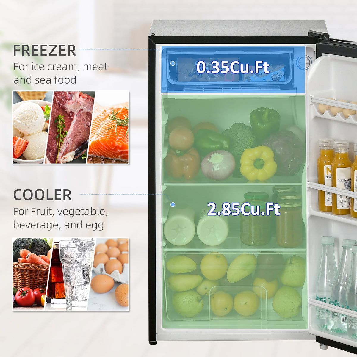 HOMCOM 91 Litre Freestanding Under Counter Fridge Freezer with Chiller Box, Reversible Door, Adjustable Thermostat, 47.5cm Wide,Black