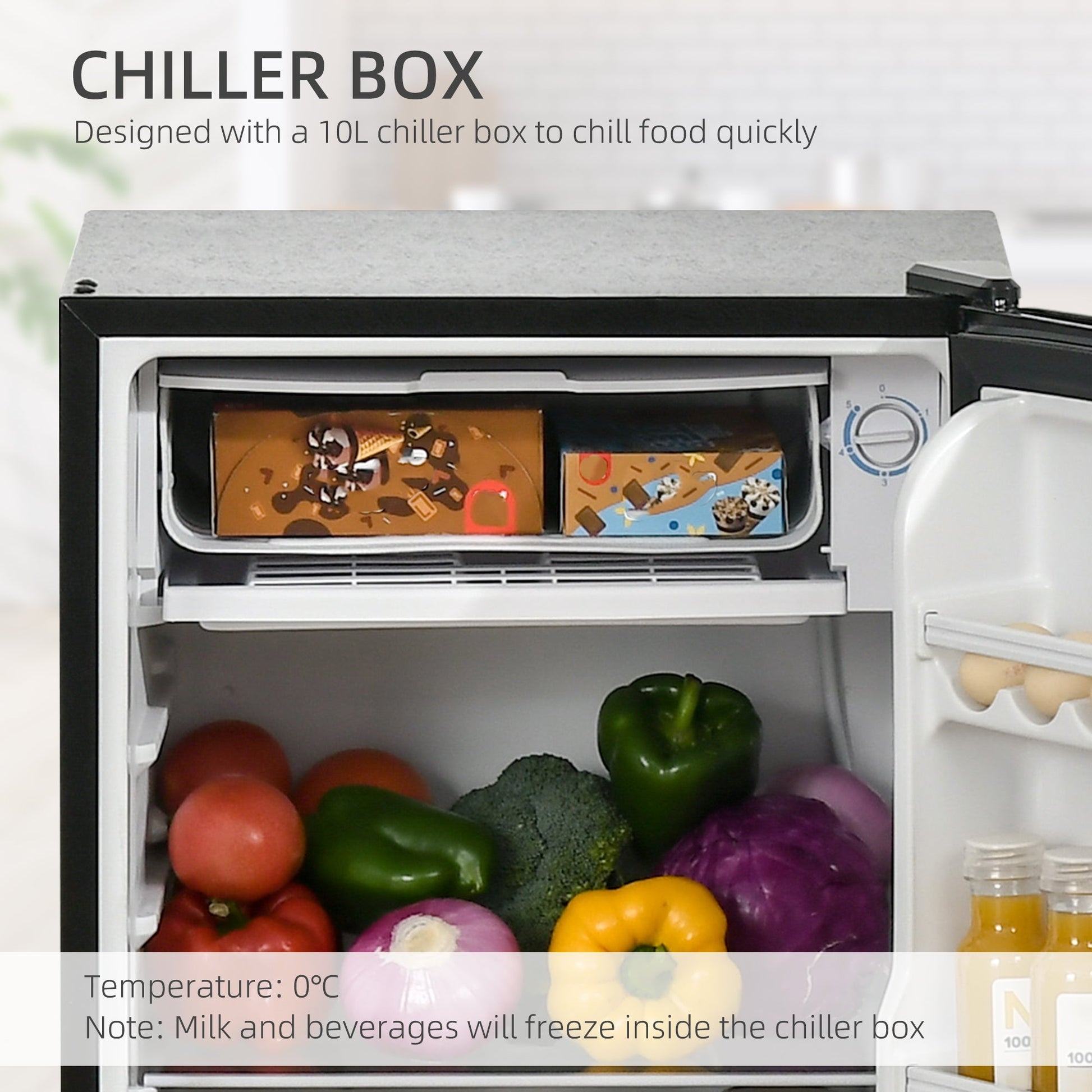 HOMCOM 91 Litre Freestanding Under Counter Fridge Freezer with Chiller Box, Reversible Door, Adjustable Thermostat, 47.5cm Wide,Black