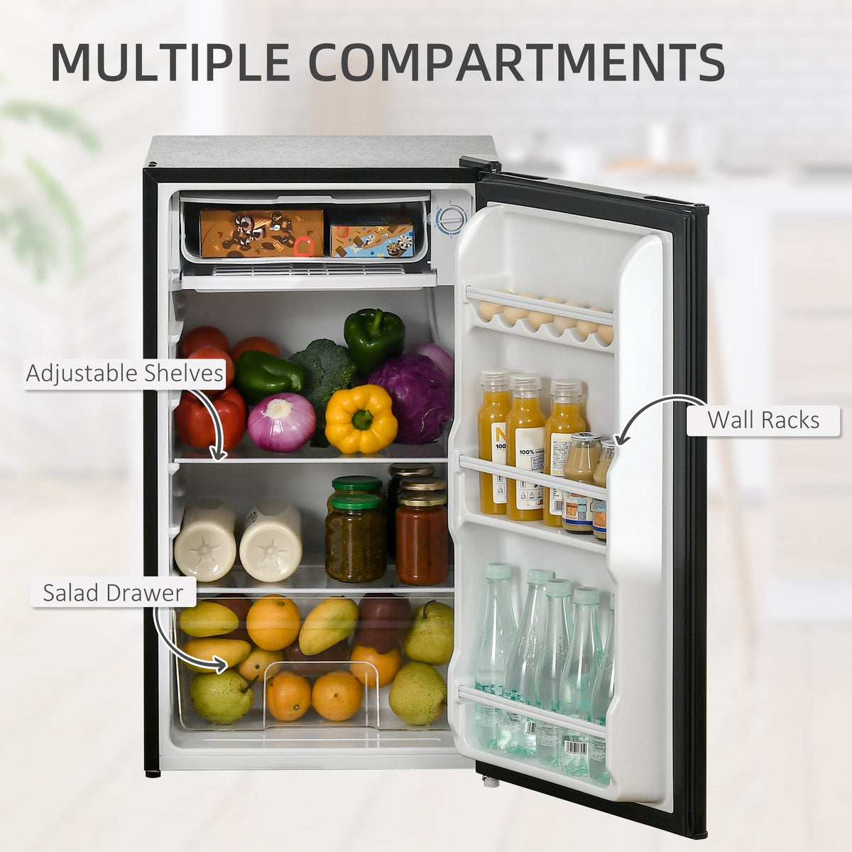 HOMCOM 91 Litre Freestanding Under Counter Fridge Freezer with Chiller Box, Reversible Door, Adjustable Thermostat, 47.5cm Wide,Black