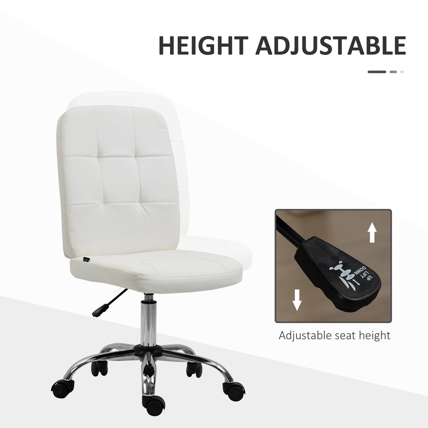Vinsetto Armless Office Chair, Faux Leather Desk Chair with Adjustable Height, Button Tufted, White