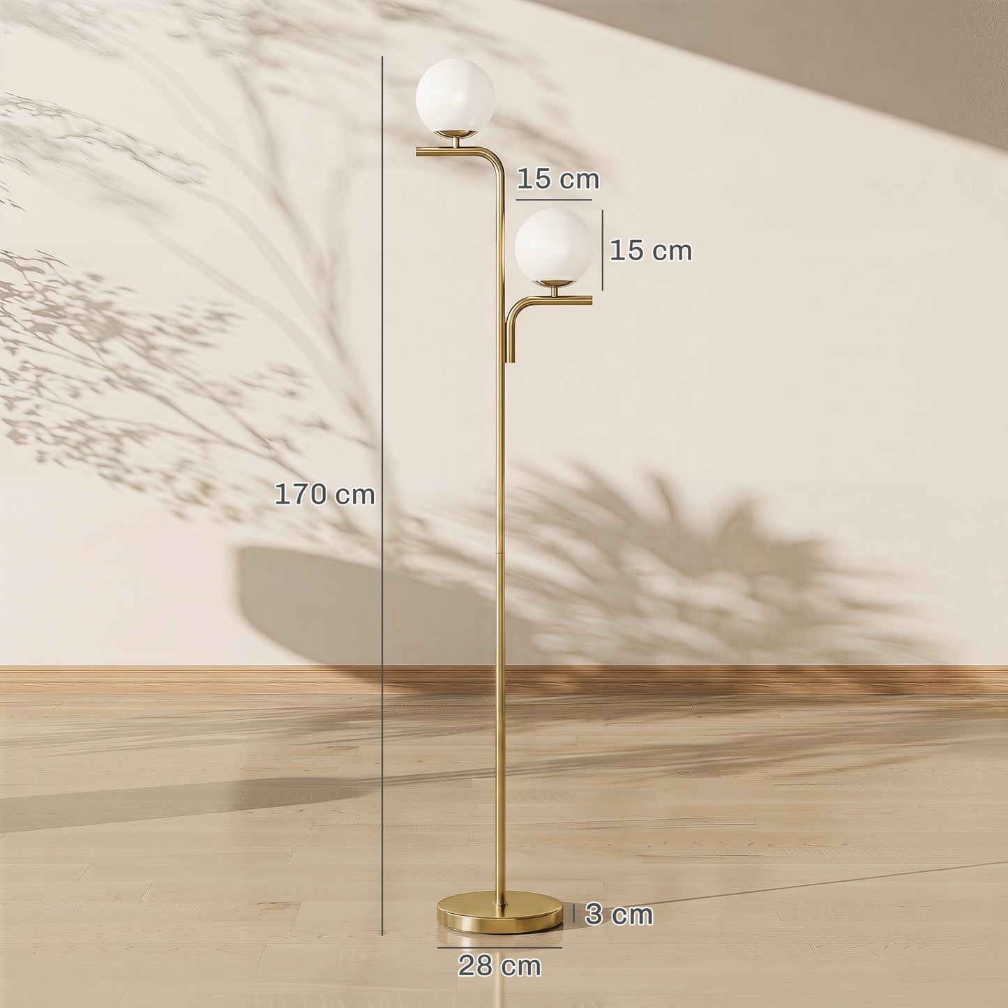 LED Floor Lamp, Modern Standing Lamp with 3 Colour Temperatures, Globe Glass Shades and Foot Switch, for Living Room Bedroom Home Office, Gold Tone