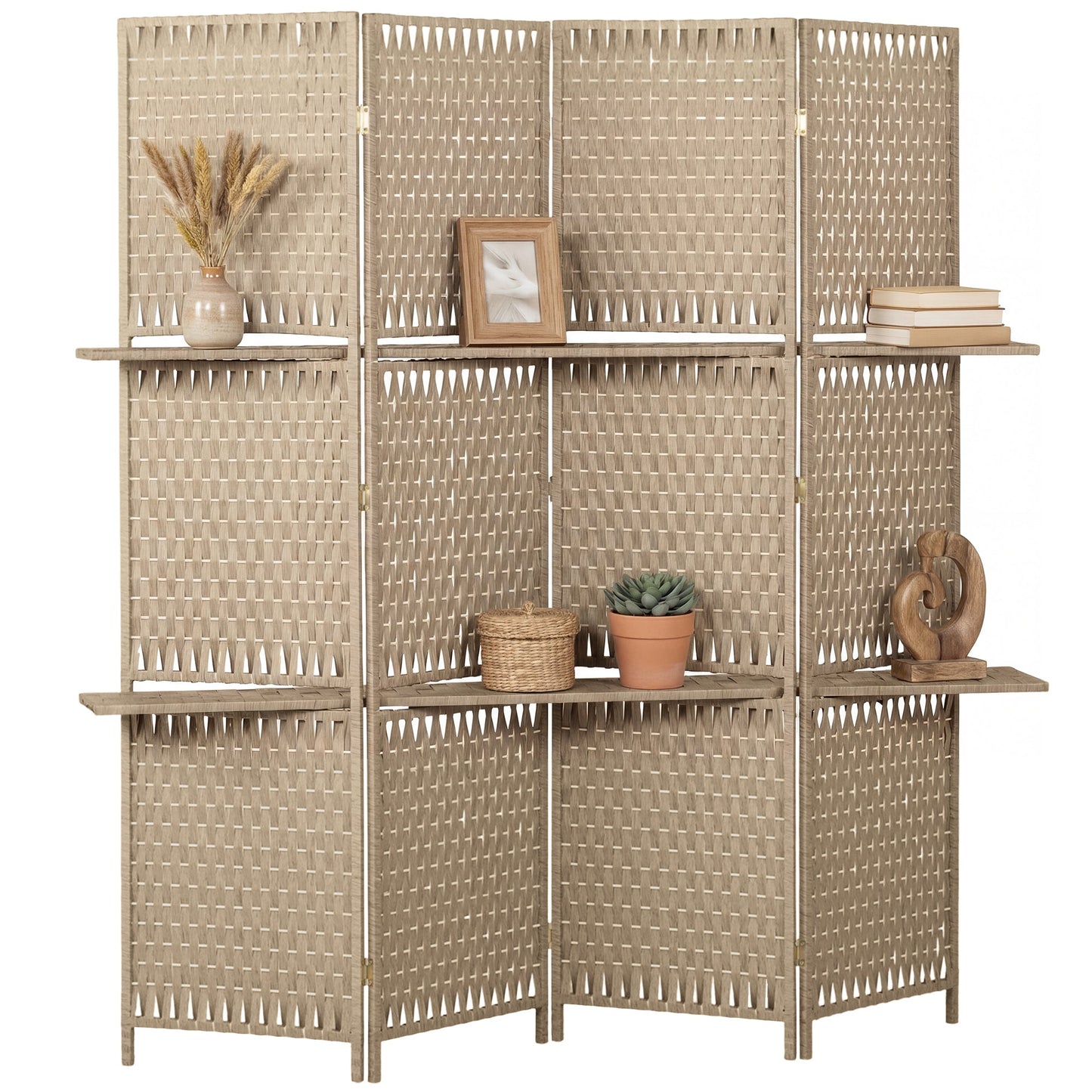 4-Panel Room Divider with Shelves, Wave Fibre Freestanding Folding Privacy Screen Panels, Partition Wall Divider for Indoor Bedroom Office, 180 cm, Natural Wood Finish