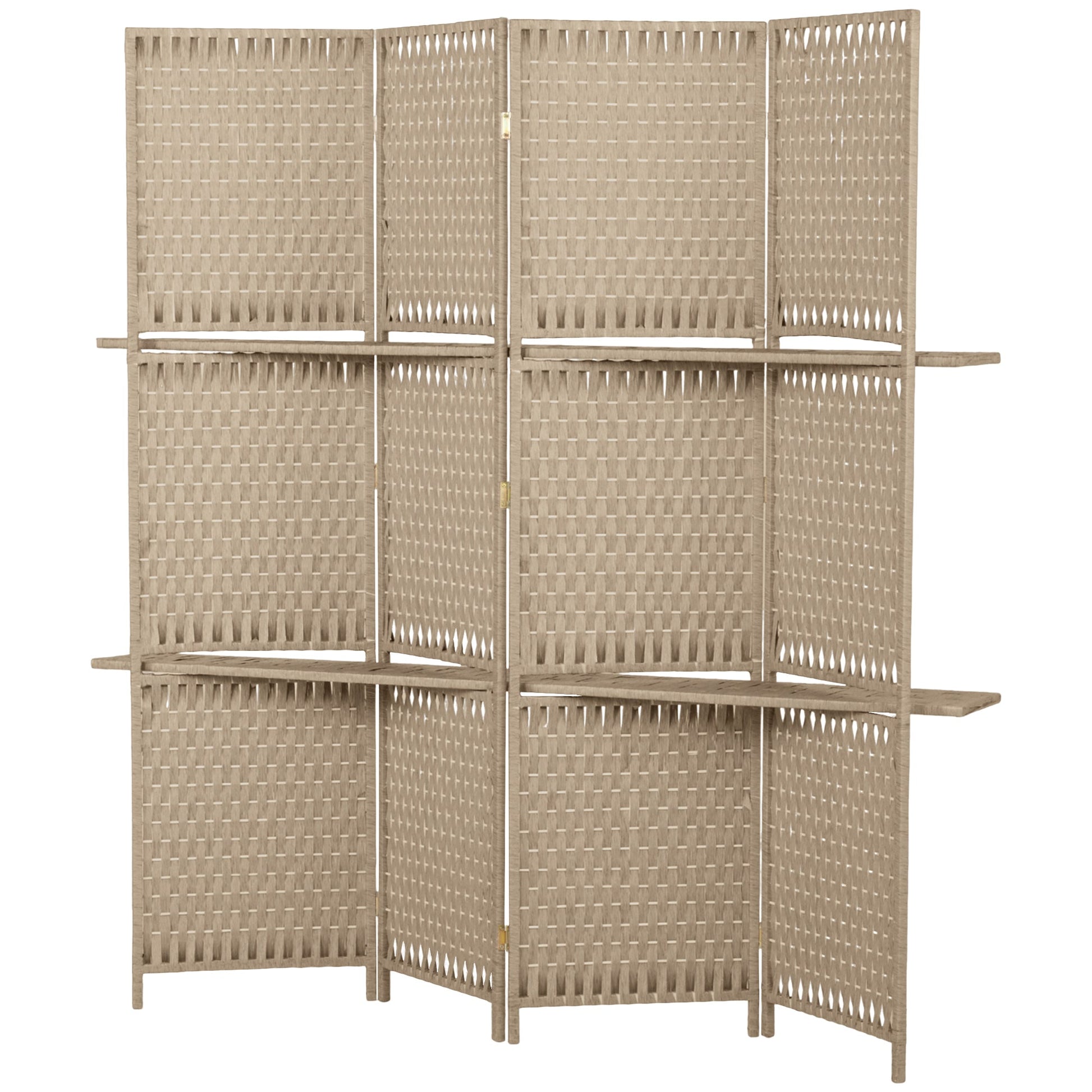 4-Panel Room Divider with Shelves, Wave Fibre Freestanding Folding Privacy Screen Panels, Partition Wall Divider for Indoor Bedroom Office, 180 cm, Natural Wood Finish