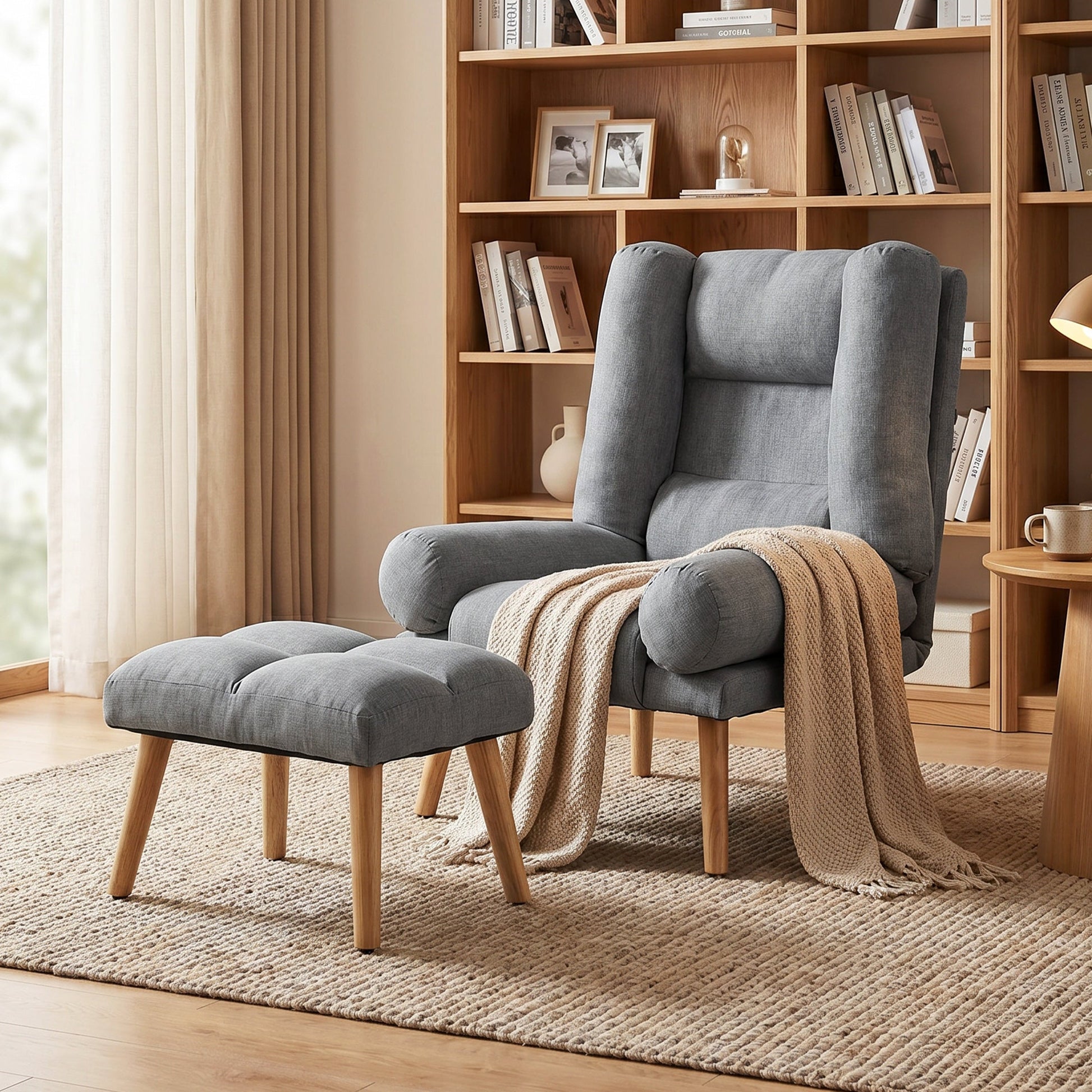 Recliner Chair with Footstool, Linen-Look Fabric Recliner Armchair with Adjustable Backrest, Thick Cushion and Wooden Legs, Reclining Chair for Living Room, Bedroom, Grey