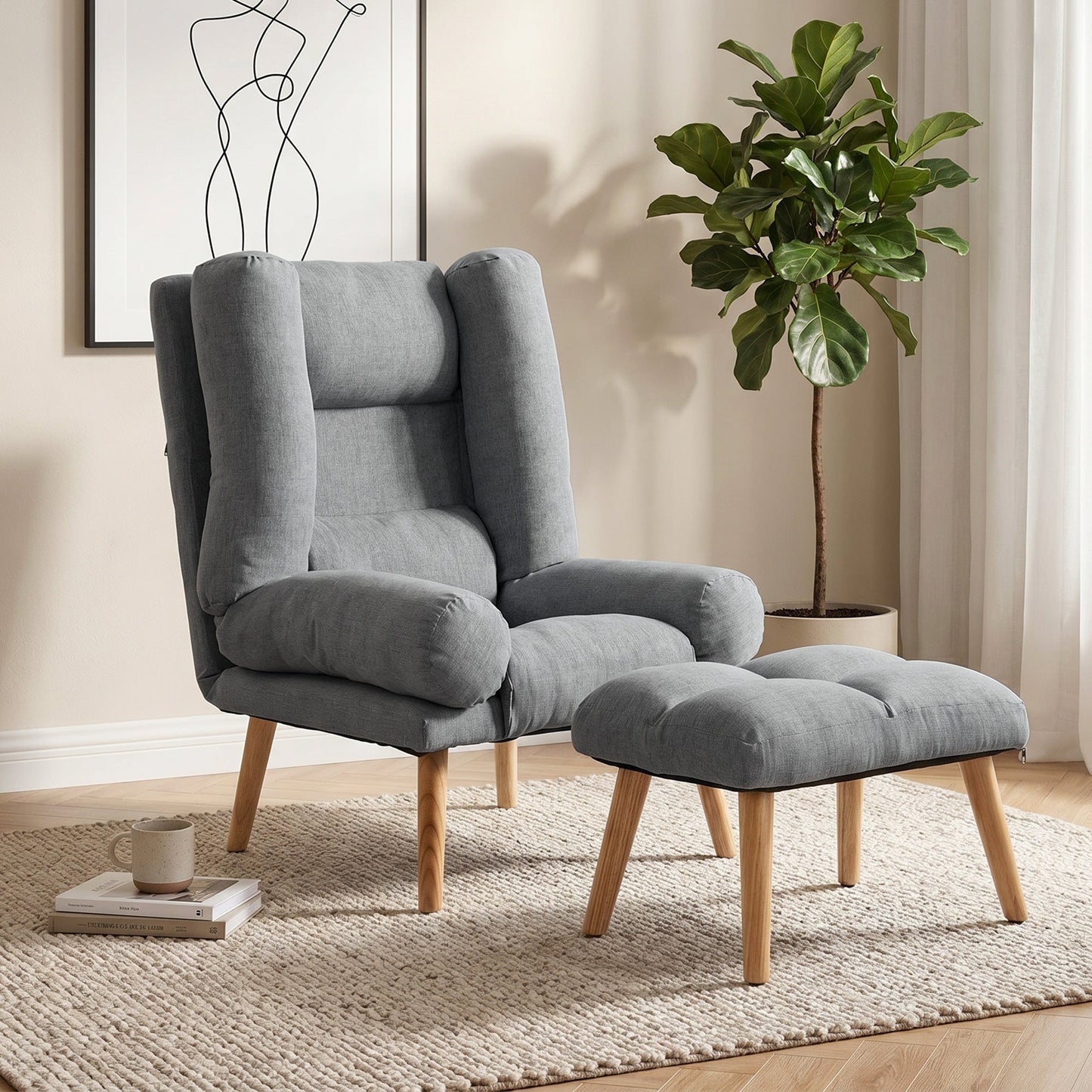 Recliner Chair with Footstool, Linen-Look Fabric Recliner Armchair with Adjustable Backrest, Thick Cushion and Wooden Legs, Reclining Chair for Living Room, Bedroom, Grey