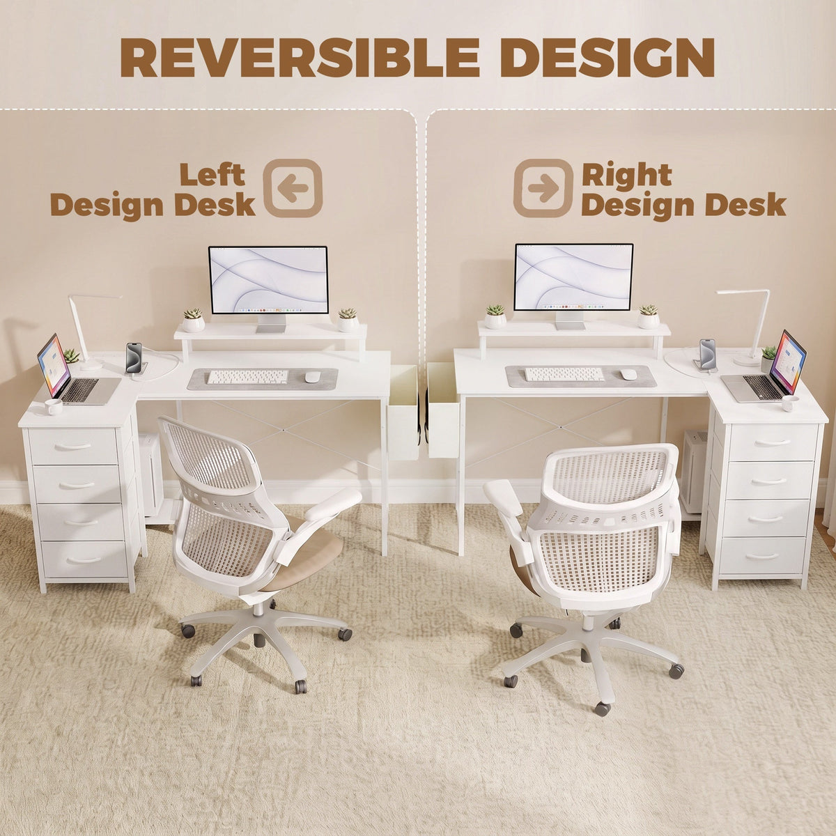 Reversible L Shaped Desk with Drawers, 150 x 80 cm Corner Computer Desk with Power Outlets & USB Ports, Monitor Shelf, Home Office Workstation, PC Stand for Gaming, Study, White