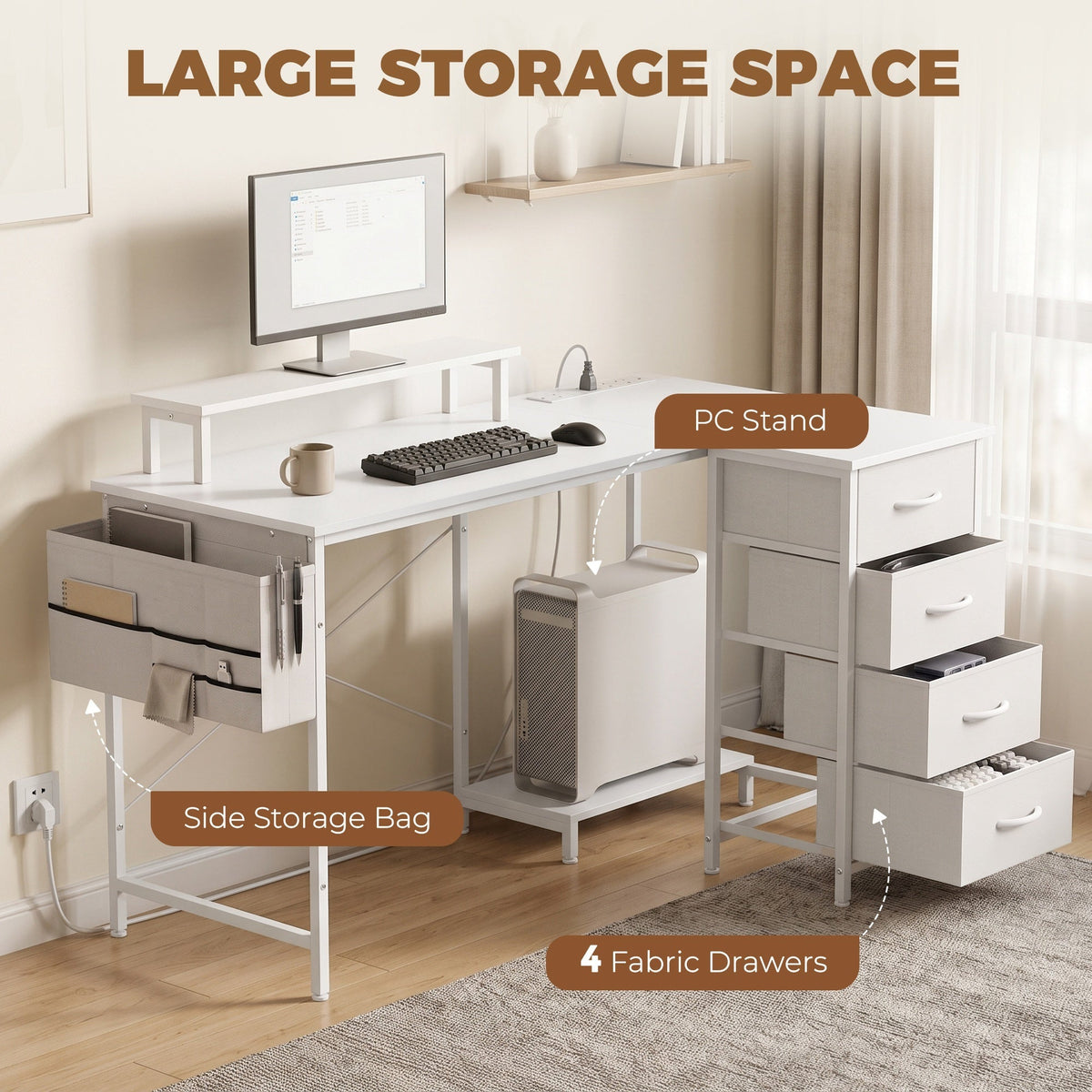 Reversible L Shaped Desk with Drawers, 150 x 80 cm Corner Computer Desk with Power Outlets & USB Ports, Monitor Shelf, Home Office Workstation, PC Stand for Gaming, Study, White