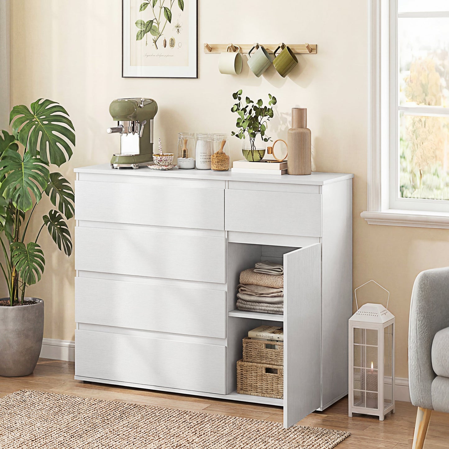 Modern Sideboard, Sideboard Storage Cabinet with 5 Drawers, Adjustable Shelf, Soft-Close Door, Storage Cupboard for Dining Room, Kitchen, Living Room, White