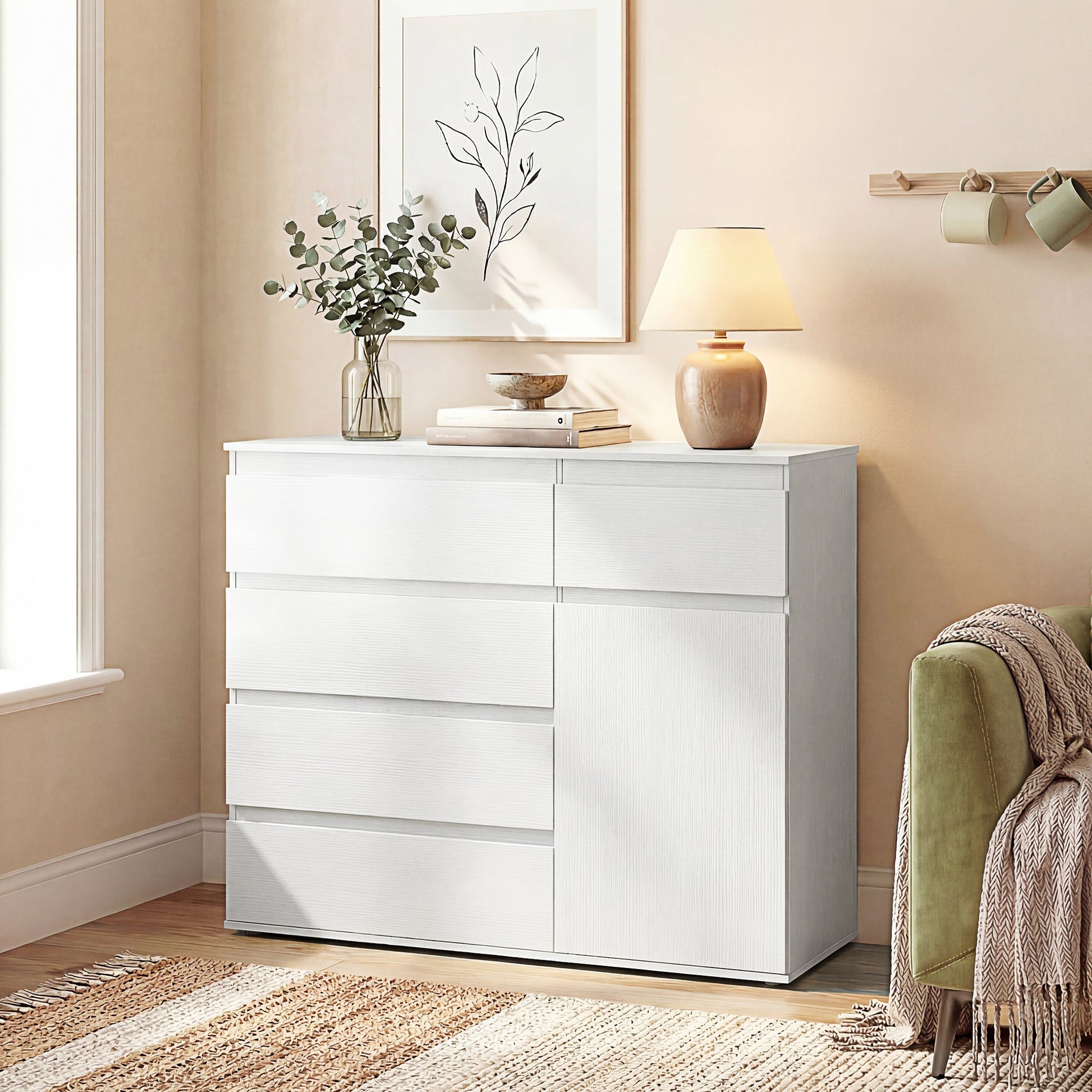 Modern Sideboard, Sideboard Storage Cabinet with 5 Drawers, Adjustable Shelf, Soft-Close Door, Storage Cupboard for Dining Room, Kitchen, Living Room, White