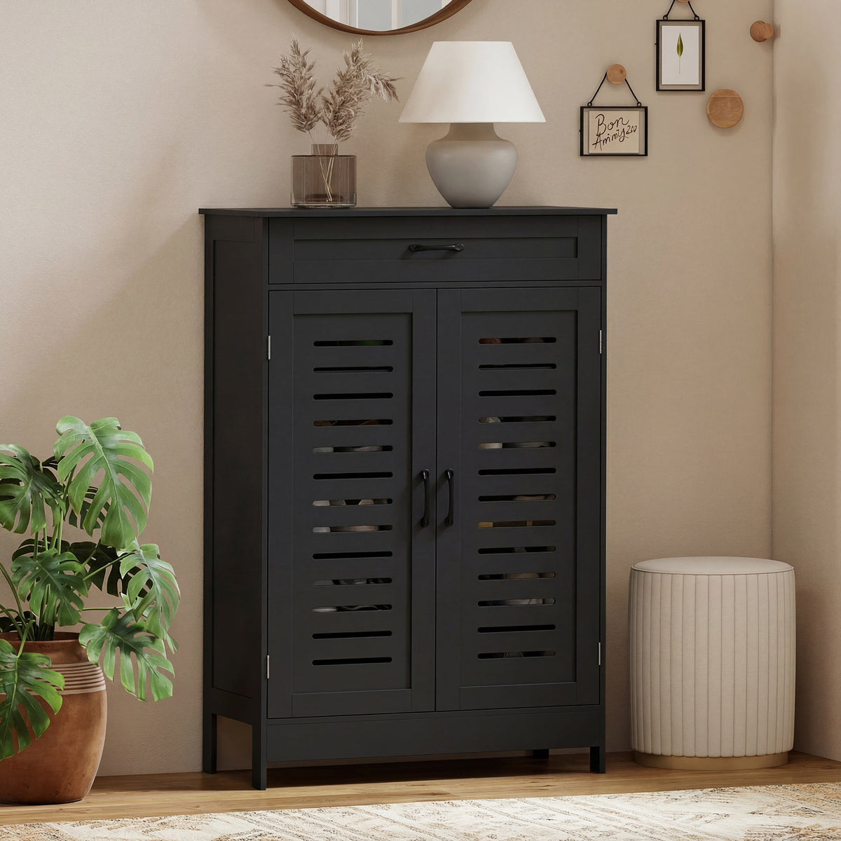 Shoe Cabinet with Louvered Doors, Modern Shoe Storage Cabinet with Drawer and Adjustable Shelves, Holds up to 20 Pairs for Entryway, Hallway, Black