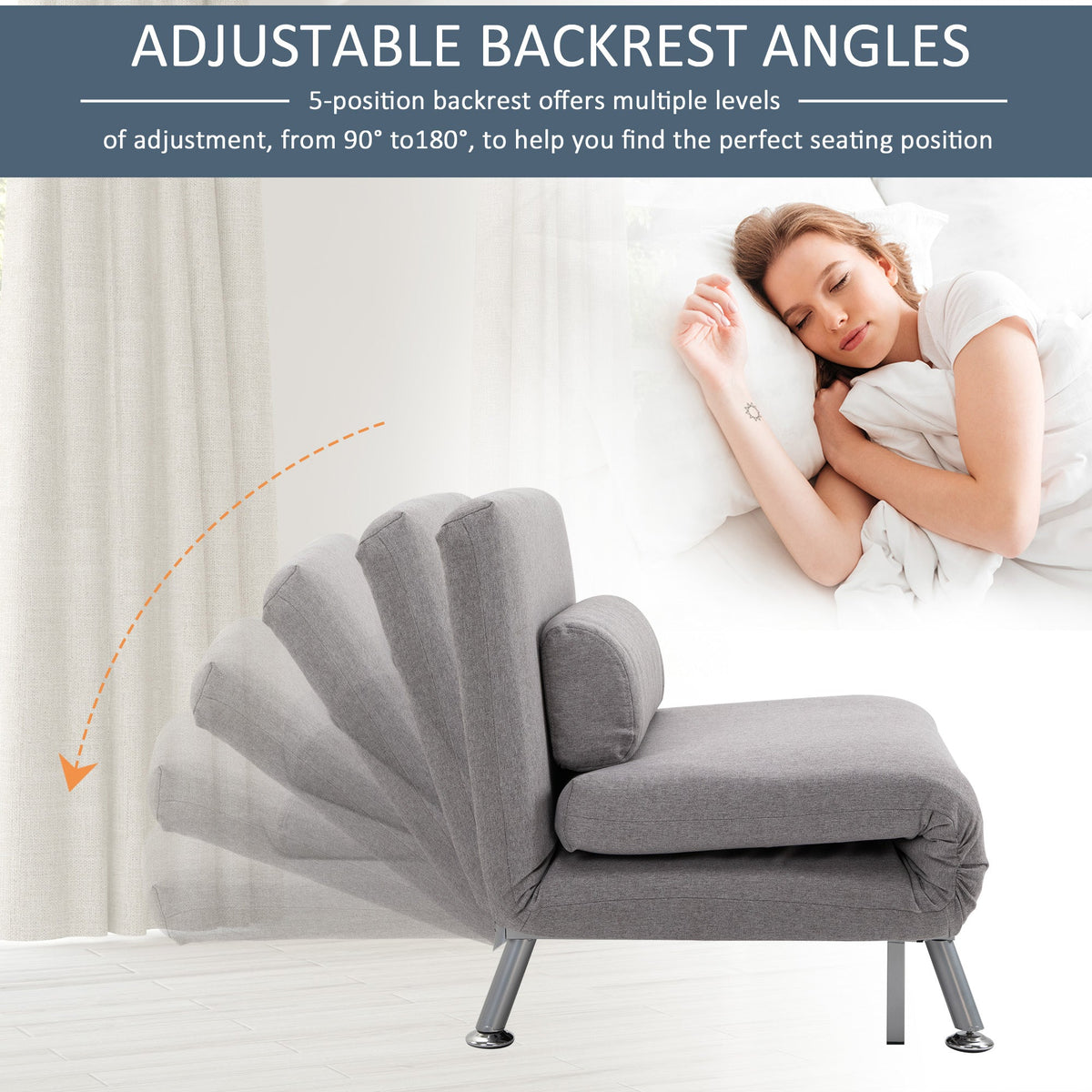 HOMCOM Linen Single Chair Bed, 3-in-1 Convertible Sleeper Chair with Adjustable Backrest, Pillow, for Living Room, Bedroom, Grey