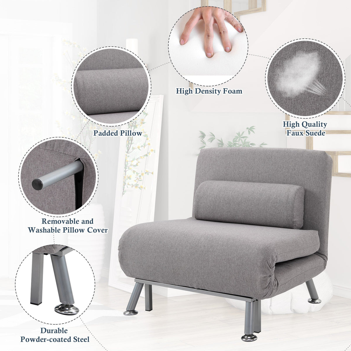 HOMCOM Linen Single Chair Bed, 3-in-1 Convertible Sleeper Chair with Adjustable Backrest, Pillow, for Living Room, Bedroom, Grey