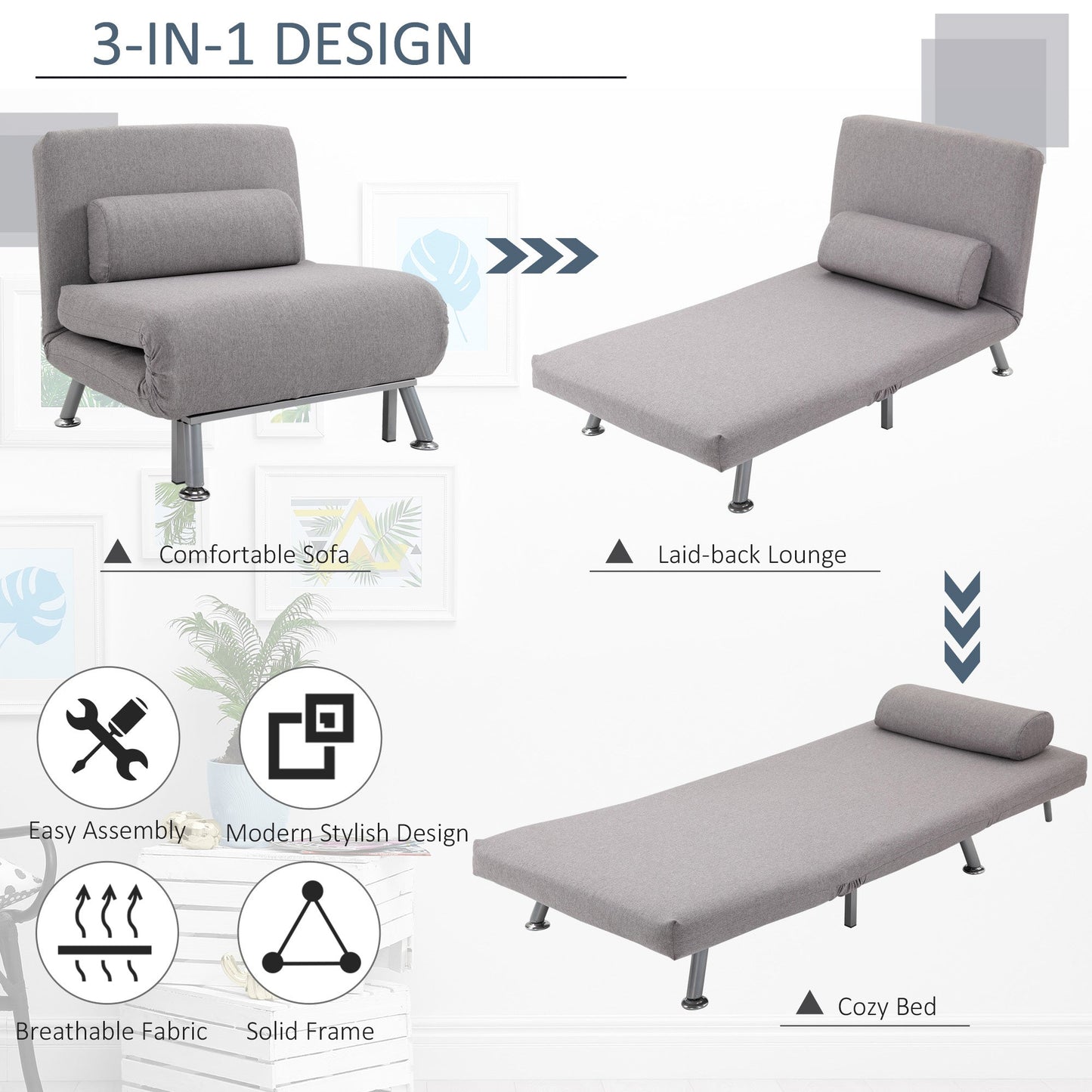 HOMCOM Linen Single Chair Bed, 3-in-1 Convertible Sleeper Chair with Adjustable Backrest, Pillow, for Living Room, Bedroom, Grey