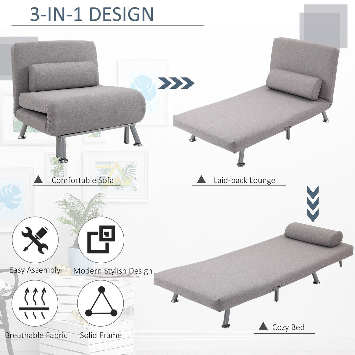 HOMCOM Linen Single Chair Bed, 3-in-1 Convertible Sleeper Chair with Adjustable Backrest, Pillow, for Living Room, Bedroom, Grey