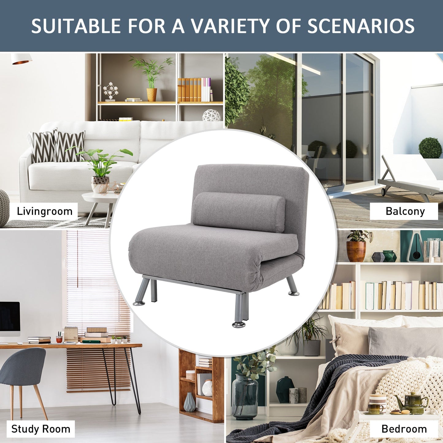 HOMCOM Linen Single Chair Bed, 3-in-1 Convertible Sleeper Chair with Adjustable Backrest, Pillow, for Living Room, Bedroom, Grey