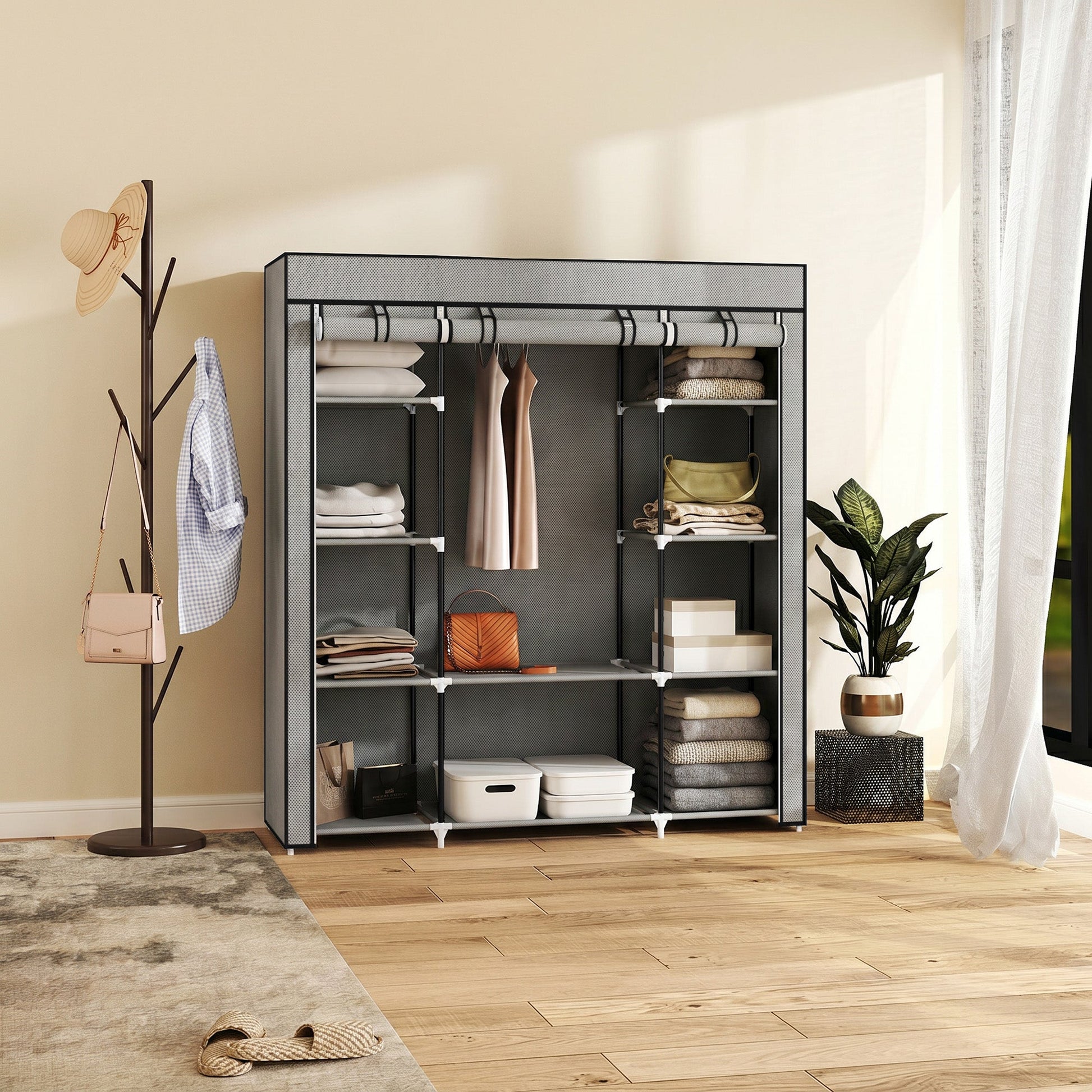 Portable Wardrobe, Foldable Fabric Wardrobe, 150 x 43 x 162.5cm, Clothes Storage Organiser with Hanging Rail, Shelves, Fabric Cover for Bedroom, Light Grey