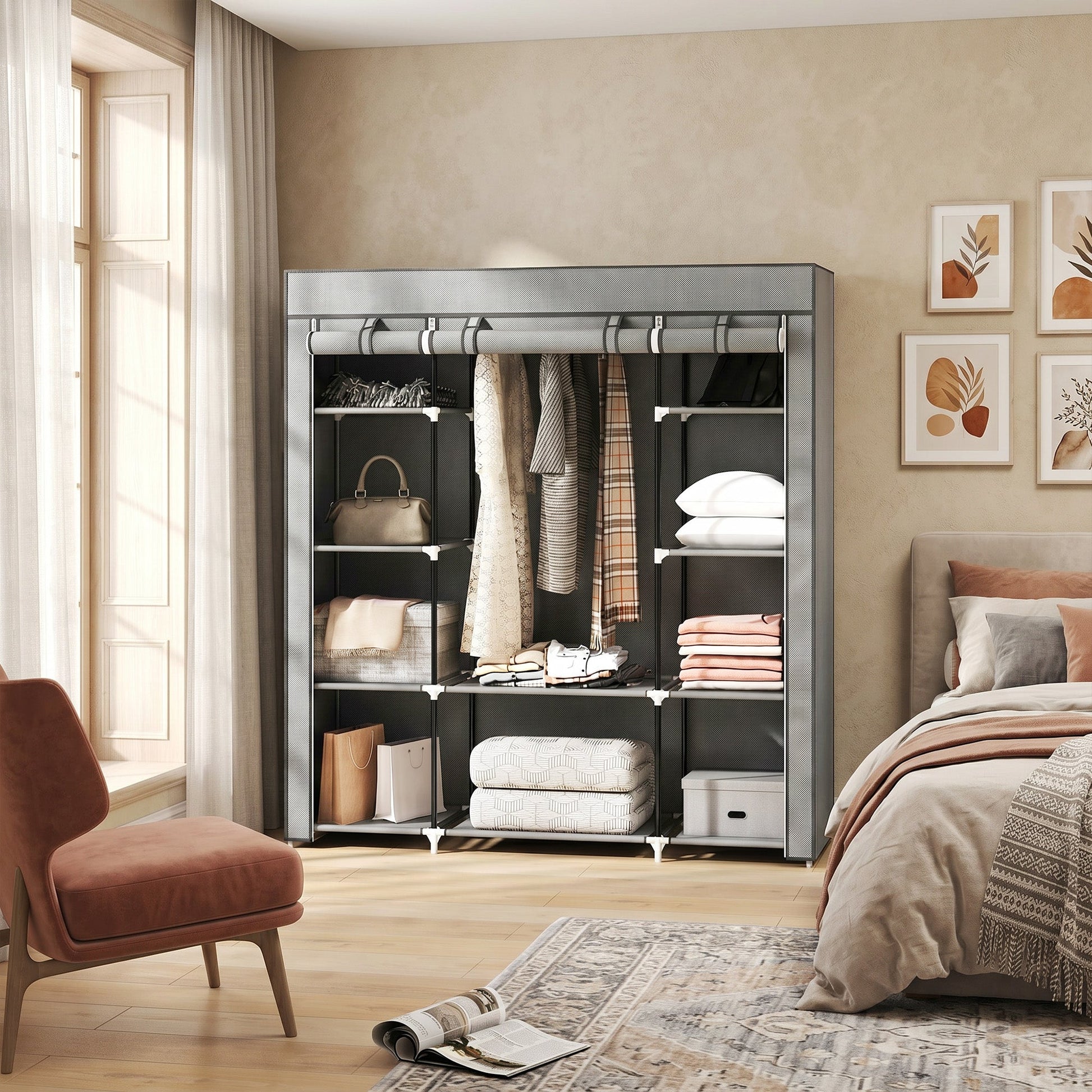 Portable Wardrobe, Foldable Fabric Wardrobe, 150 x 43 x 162.5cm, Clothes Storage Organiser with Hanging Rail, Shelves, Fabric Cover for Bedroom, Light Grey
