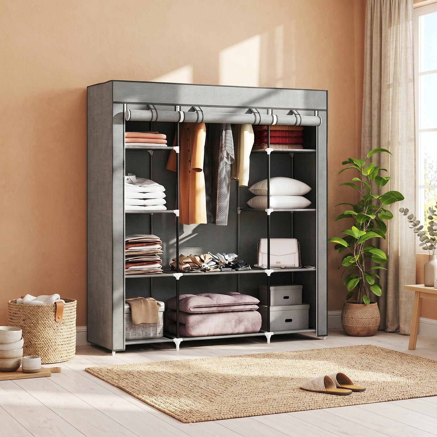Portable Wardrobe, Foldable Fabric Wardrobe, 150 x 43 x 162.5cm, Clothes Storage Organiser with Hanging Rail, Shelves, Fabric Cover for Bedroom, Light Grey