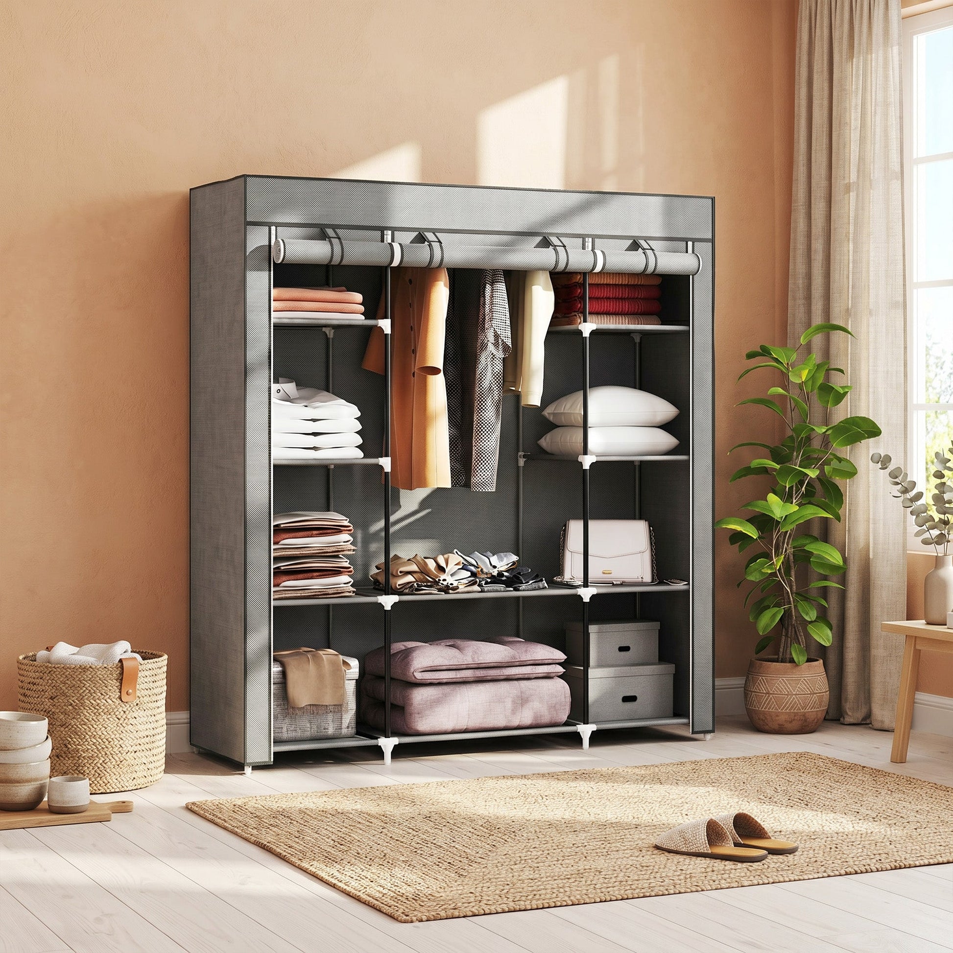 Portable Wardrobe, Foldable Fabric Wardrobe, 150 x 43 x 162.5cm, Clothes Storage Organiser with Hanging Rail, Shelves, Fabric Cover for Bedroom, Light Grey