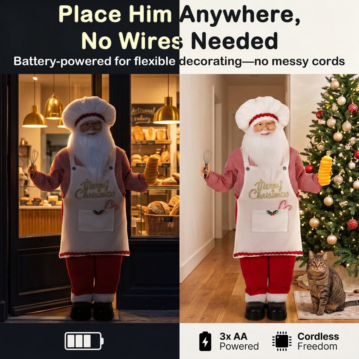 4ft Life Size Singing Cooking Santa Claus, 120 cm Standing Musical Animated Santa with Bread, Head Moving, Posable Arms, Handcrafted, Sound Touch Activated, Moving Christmas Figure Decoration