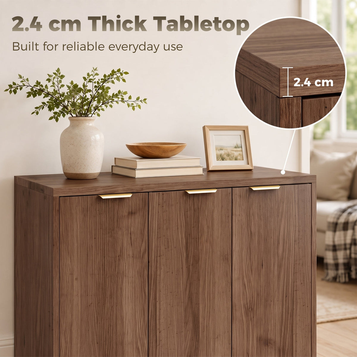 Sideboard Cabinet, Modern Storage Cabinet with 3 Doors and Adjustable Shelves, Freestanding Kitchen Cupboard for Living Room, Dining Room, 100 x 35 x 90 cm, Brown