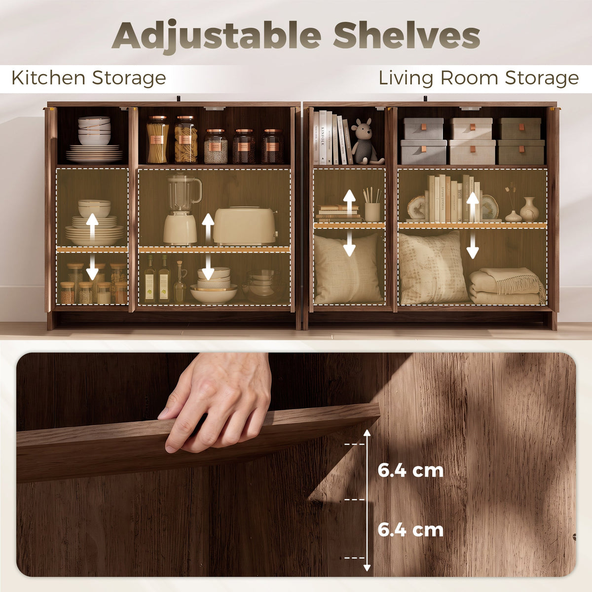Sideboard Cabinet, Modern Storage Cabinet with 3 Doors and Adjustable Shelves, Freestanding Kitchen Cupboard for Living Room, Dining Room, 100 x 35 x 90 cm, Brown