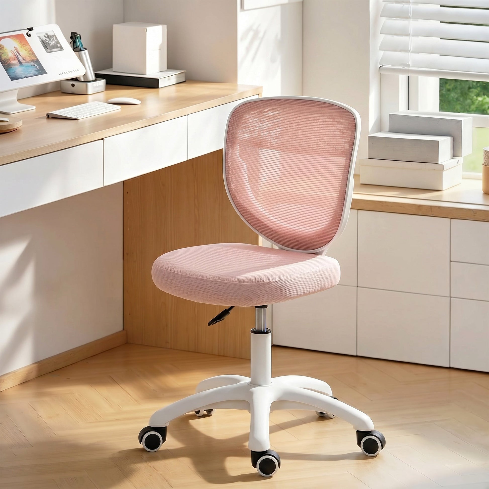 Ergonomic Office Chair, Armless Computer Desk Chair with Breathable Mesh Back, Padded Seat and Swivel Wheels, Adjustable Height for Home Office Study Bedroom, Pink
