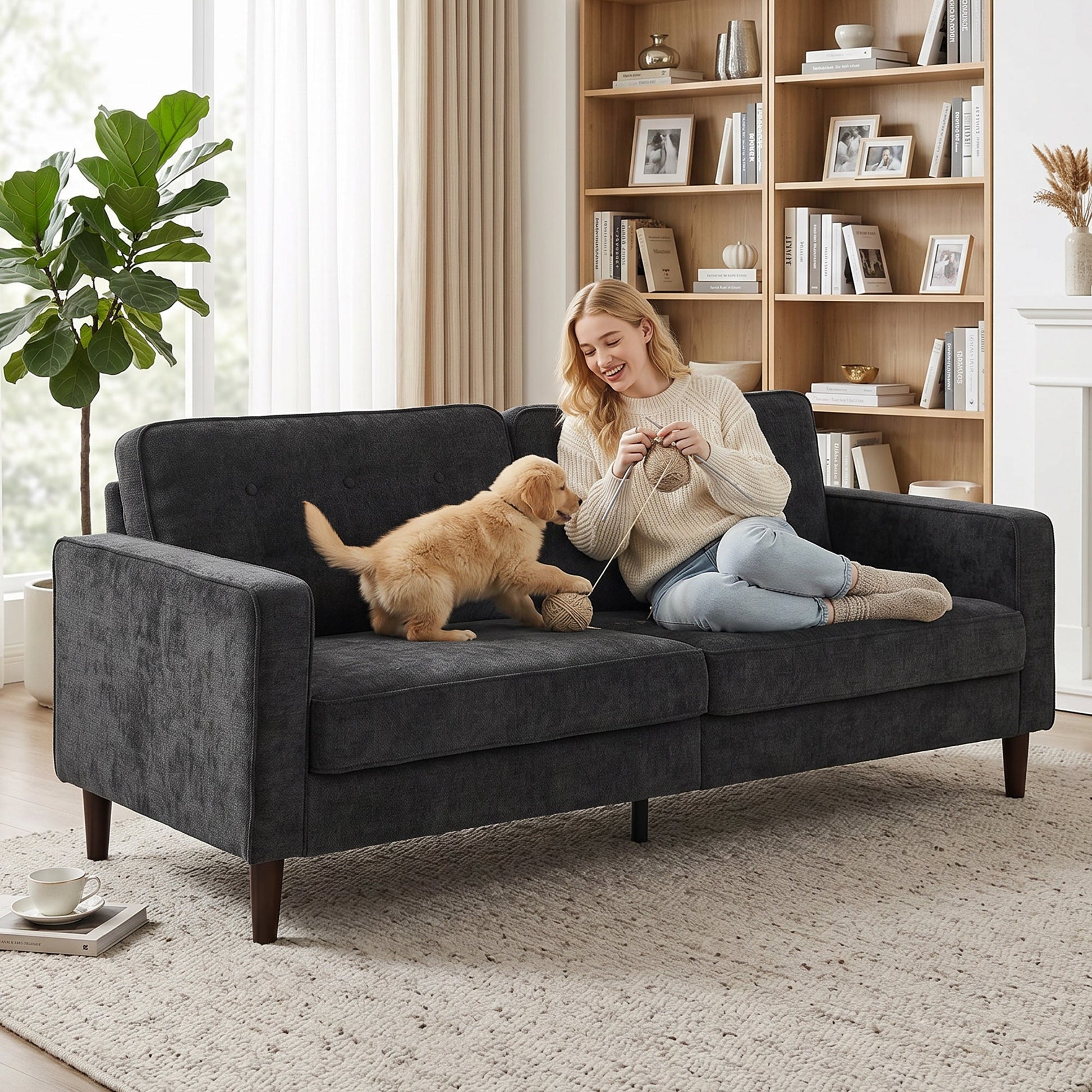 3 Seater Sofa, Upholstered Small Couch for Bedroom, Modern Futon Sofa Settee with Padded Cushion, Button Tufting and Wood Legs for Living Room, Dark Grey