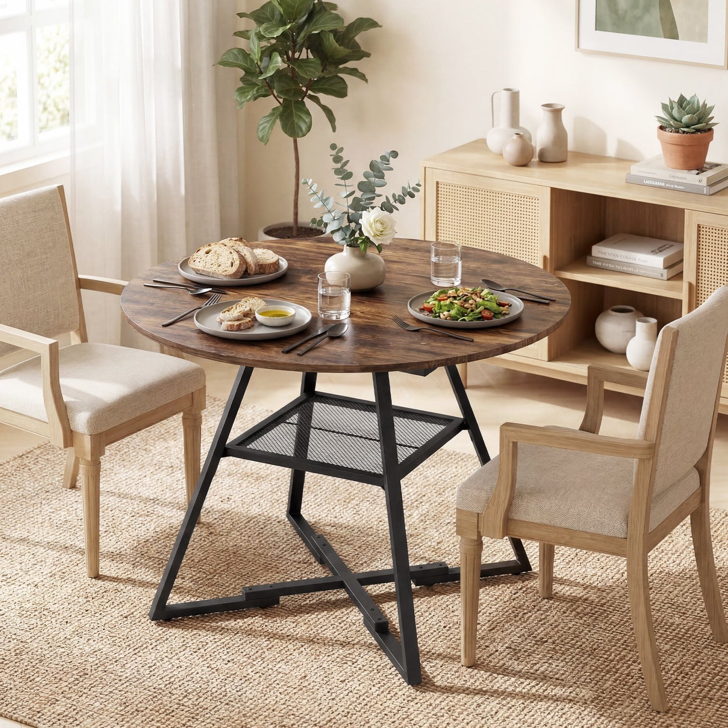 Dining Table for 4 People, 100 cm Round Industrial Kitchen Table with Storage Shelf, Wood Effect Tabletop, Metal Base for Kitchen, Dining Room, Living Room, Rustic Brown