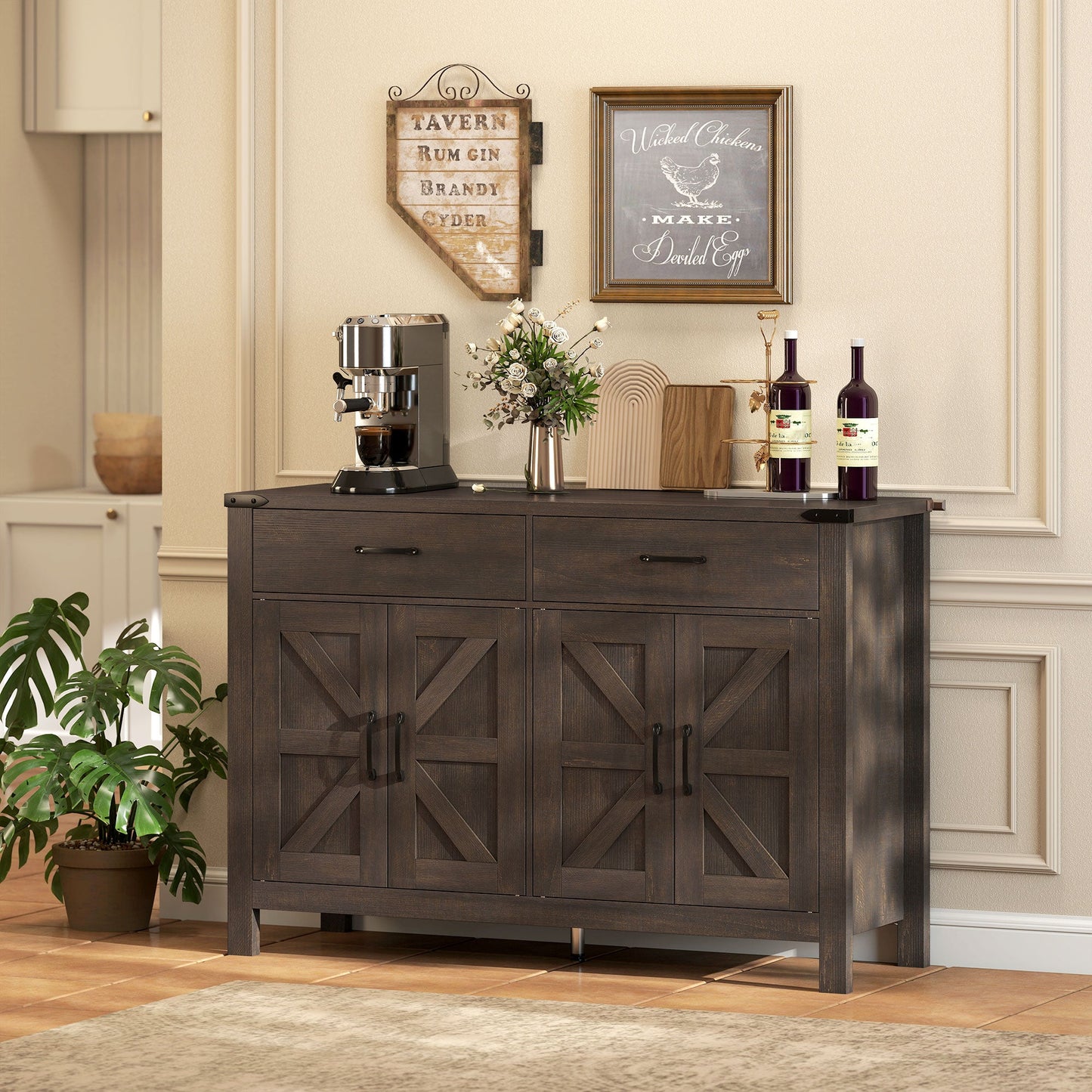 Sideboard Buffet Cabinet, Farmhouse Storage Cabinet, Kitchen Cupboard with 4 Doors, 2 Drawers and 2 Adjustable Shelves for Dining Room, Living Room, Dark Brown