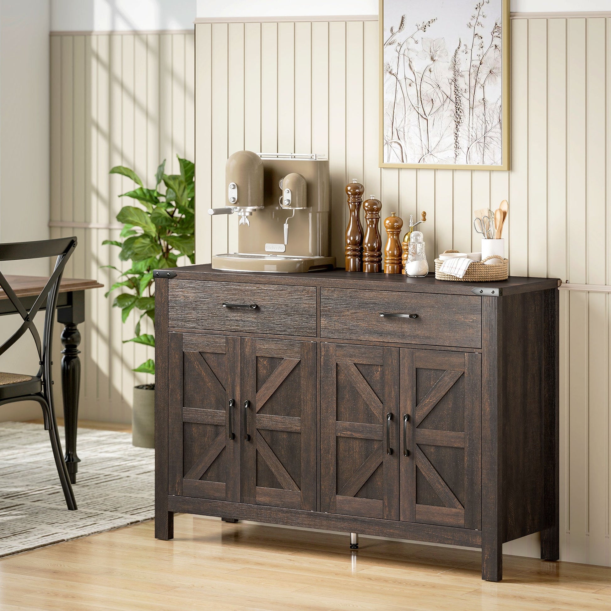 Sideboard Buffet Cabinet, Farmhouse Storage Cabinet, Kitchen Cupboard with 4 Doors, 2 Drawers and 2 Adjustable Shelves for Dining Room, Living Room, Dark Brown